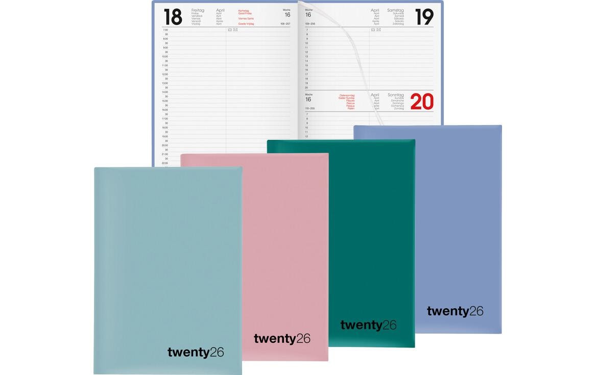 Biella Agenda – 1 Tag pro Seite, gebunden, 14,5 × 20,5 cm, 2026, 1/2-Stunden-Takt, blau, FSC