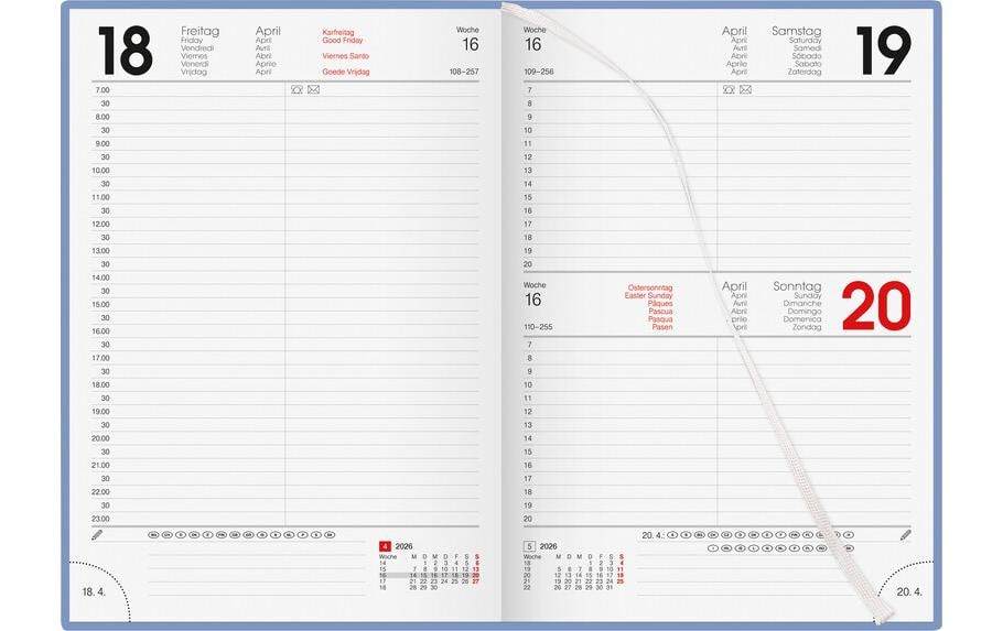 Biella Agenda – 1 Tag pro Seite, gebunden, 14,5 × 20,5 cm, 2026, 1/2-Stunden-Takt, blau, FSC
