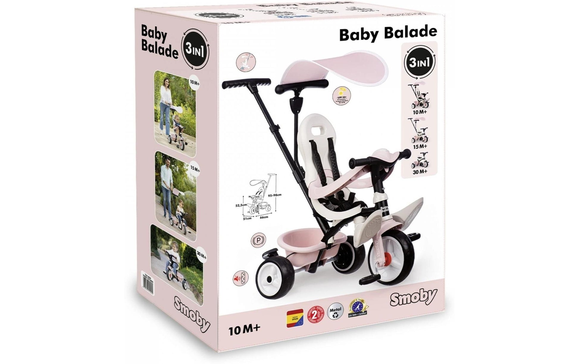 Smoby Dreirad Baby Balade – Schiebestange, Sitzgurt – 68 × 52 × 52 cm – ab 10 Monaten – rosa