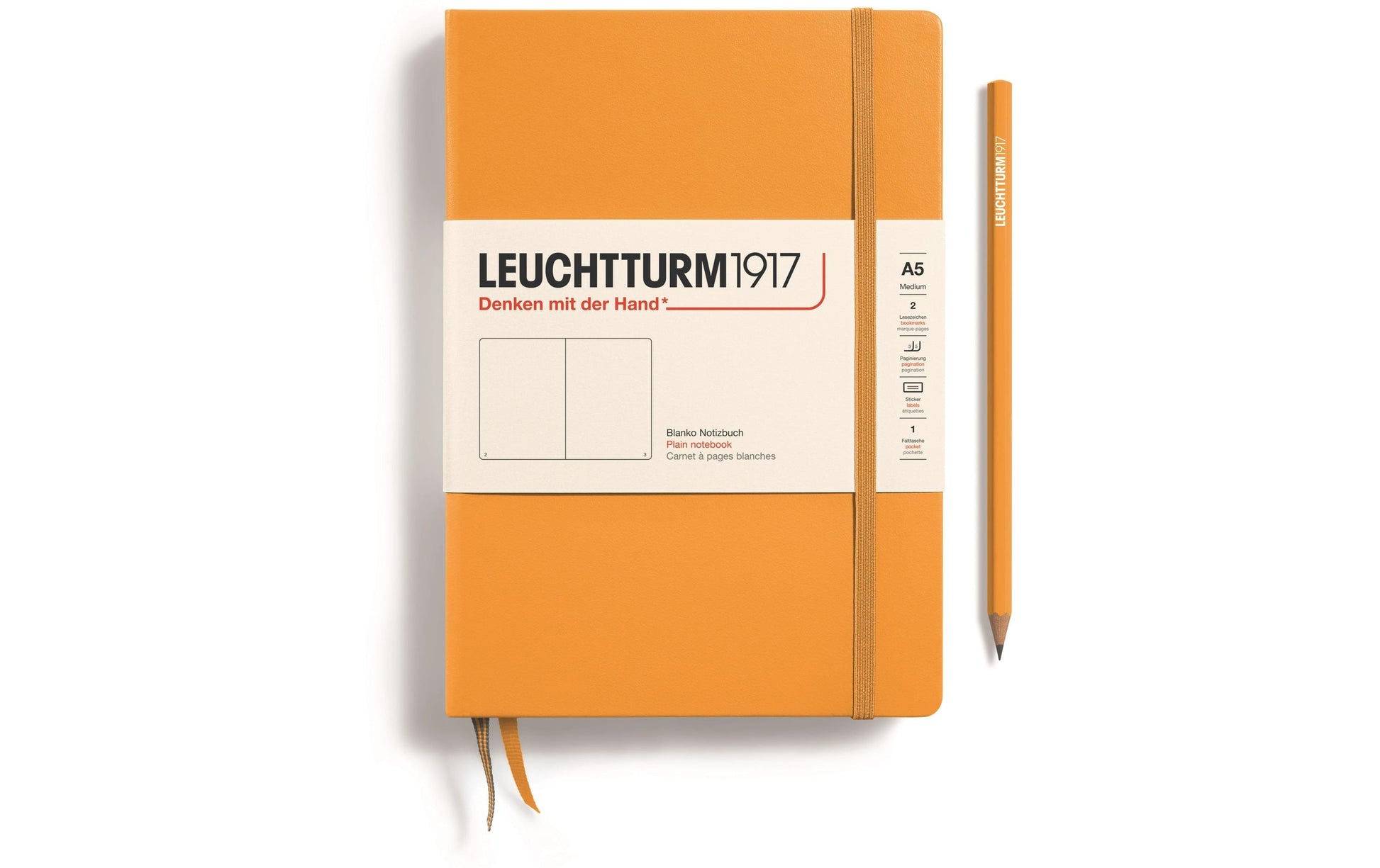 Leuchtturm Notizbuch – A5 – blanko – 251 Seiten – 80 g/m² – Hardcover, Gummiband, Tasche, orange, FSC