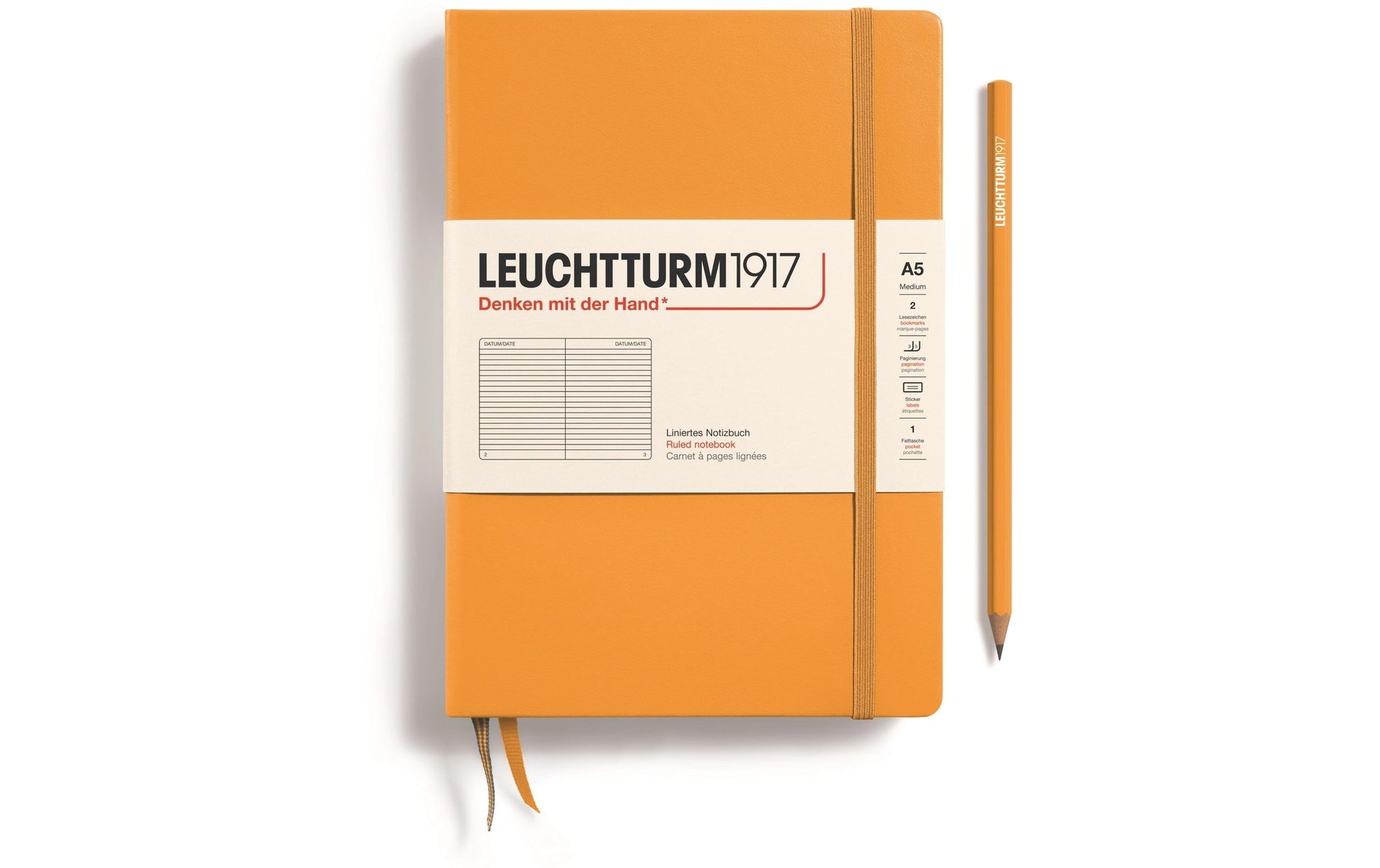Leuchtturm Notizbuch – A5 – 251 Seiten – 80 g/m² – Hardcover, Gummiband, Einstecktasche, orange, FSC