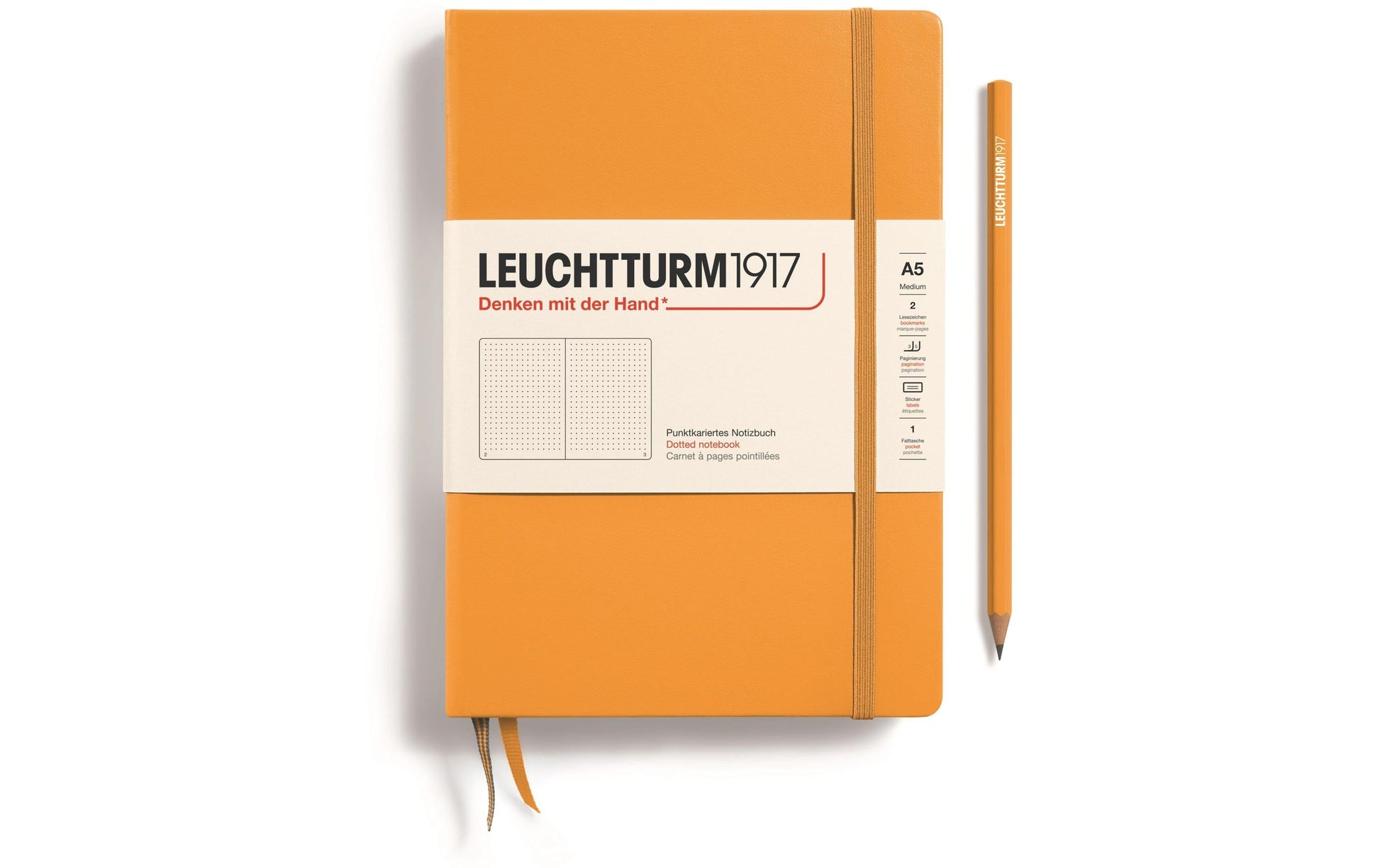 Leuchtturm Notizbuch – A5 – 80 g/m² – Hardcover, Gummiband, Tasche – Orange – FSC