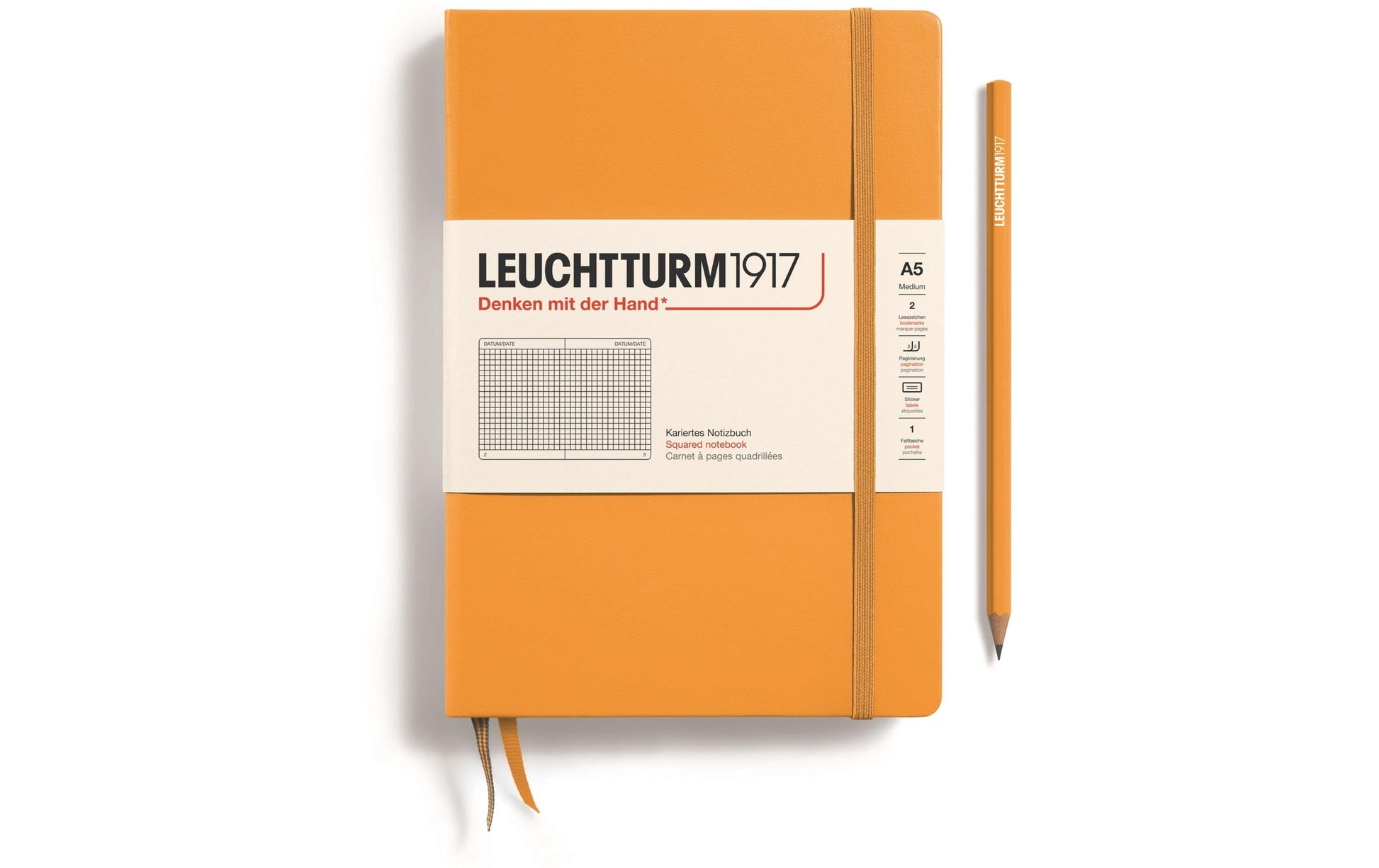 Leuchtturm Notizbuch – A5 – 251 Seiten – 80 g/m² – Hardcover, Gummiband, Einstecktasche, Orange, FSC