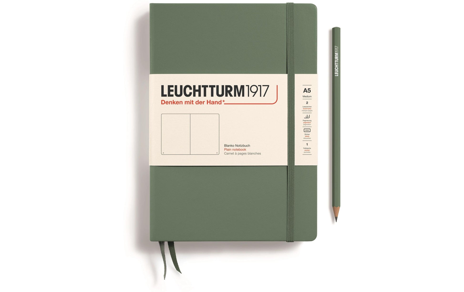 Leuchtturm Notizbuch – A5 – 251 Seiten – 80 g/m² – Hardcover, Gummiband, Einstecktasche, olivgrün, FSC