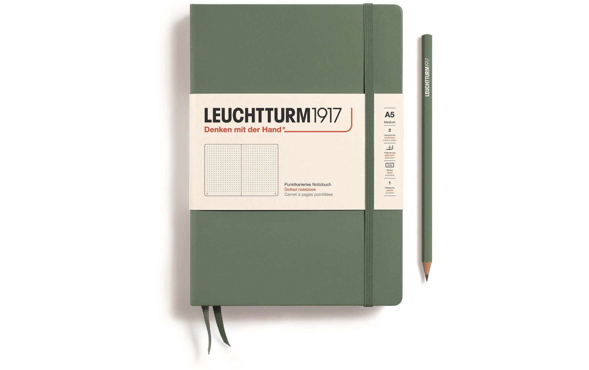 Leuchtturm Notizbuch – A5 – 251 Seiten – 80 g/m² – Hardcover, Gummiband, Einstecktasche – Olivgrün – FSC