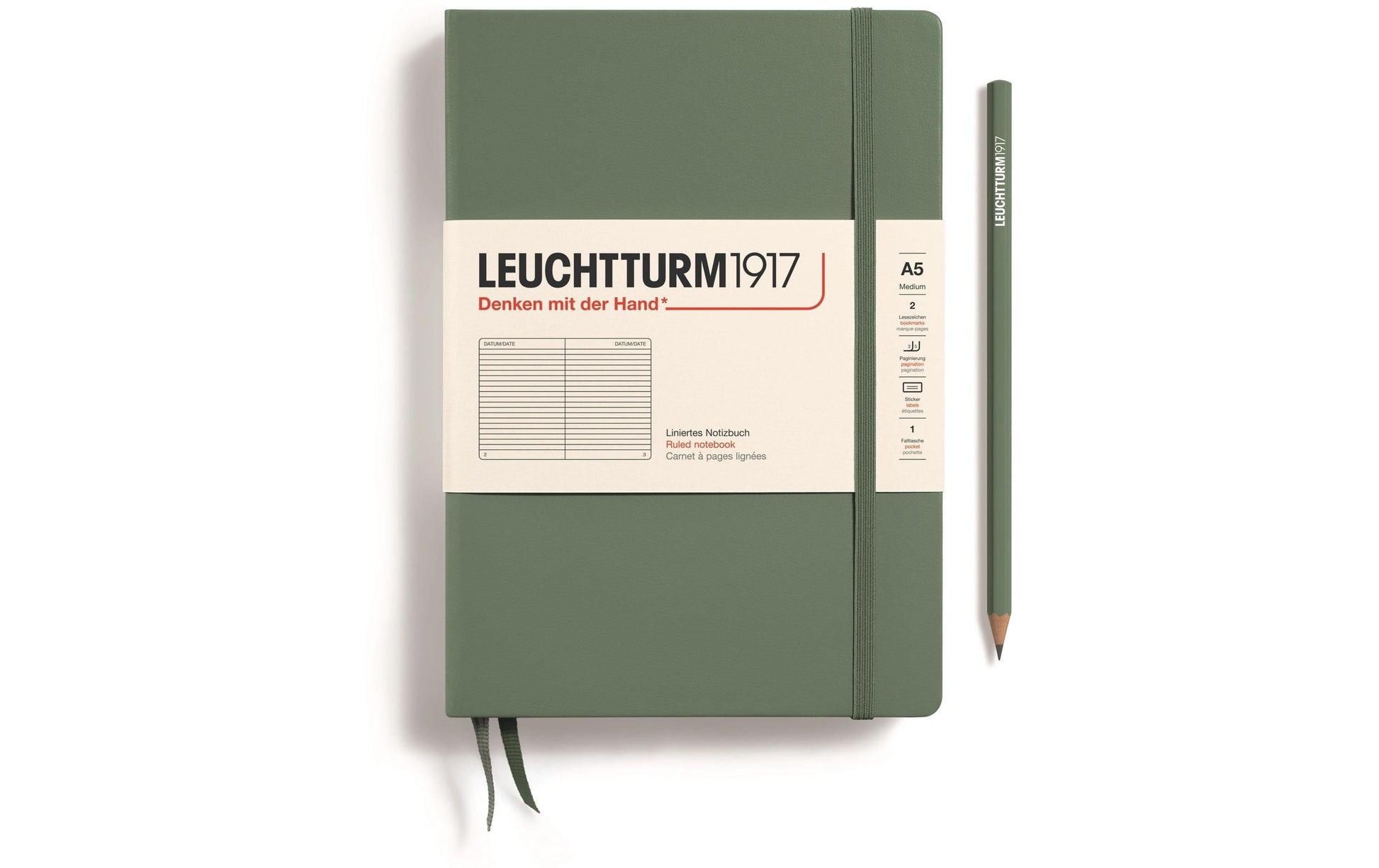 Leuchtturm Notizbuch – A5 – 251 Seiten – 80 g/m² – Hardcover, Gummiband, Einstecktasche – Olivgrün, FSC