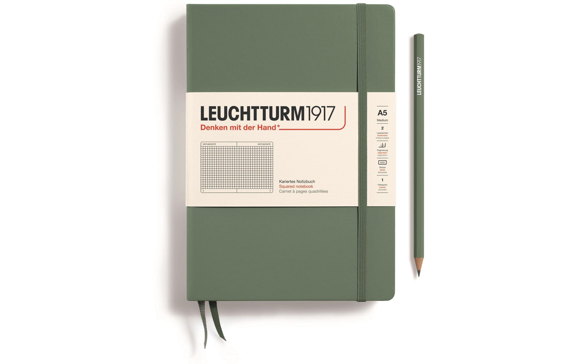 Leuchtturm Notizbuch – A5 – 251 Seiten – 80 g/m² – Hardcover, Gummiband, Einstecktasche, olivgrün, FSC