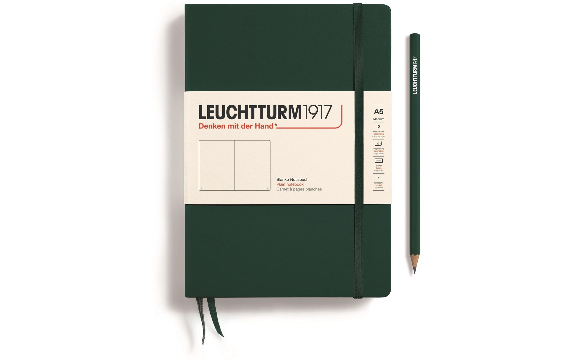 Leuchtturm Notizbuch – A5 – blanko – 251 Seiten – 80 g/m² – Hardcover, Gummiband, Einstecktasche, grün, FSC