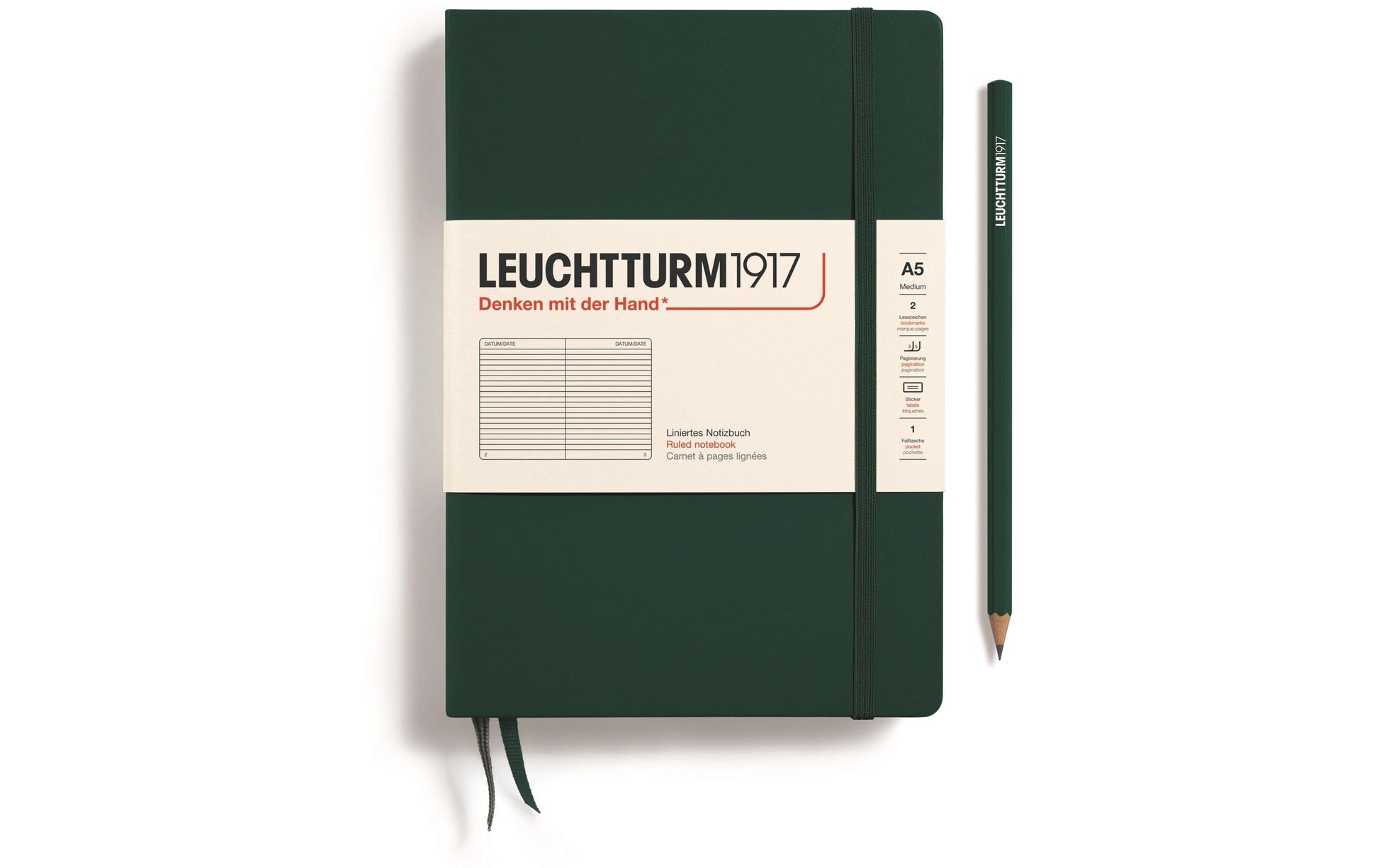 Leuchtturm Notizbuch – A5 – Liniert 5 mm – 251 Seiten – 80 g/m² – Hardcover, Gummiband, Tasche – Forest – FSC