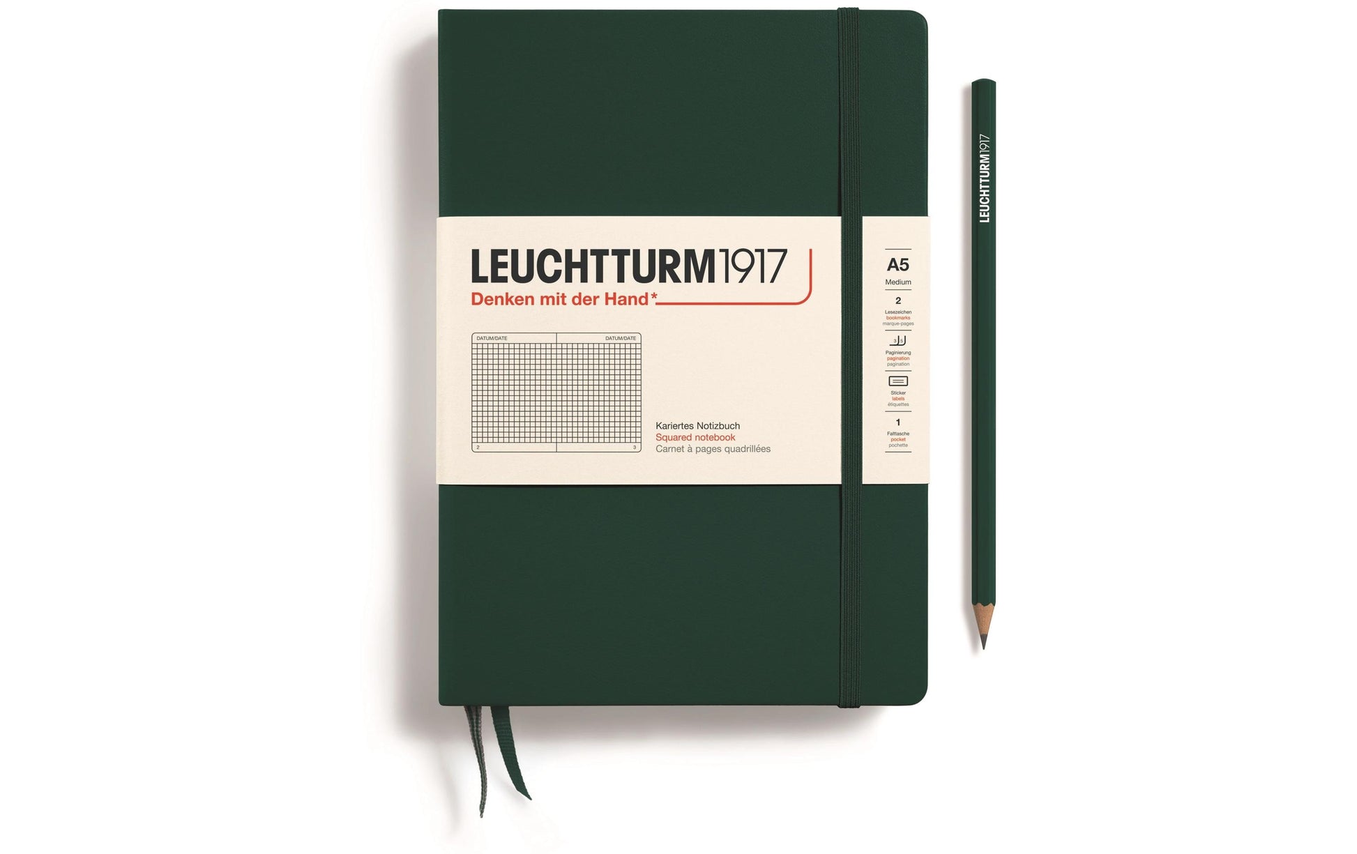 Leuchtturm Notizbuch – A5 – kariert 5 mm – 251 Seiten – 80 g/m² – Hardcover, Gummiband, Tasche – grün – FSC