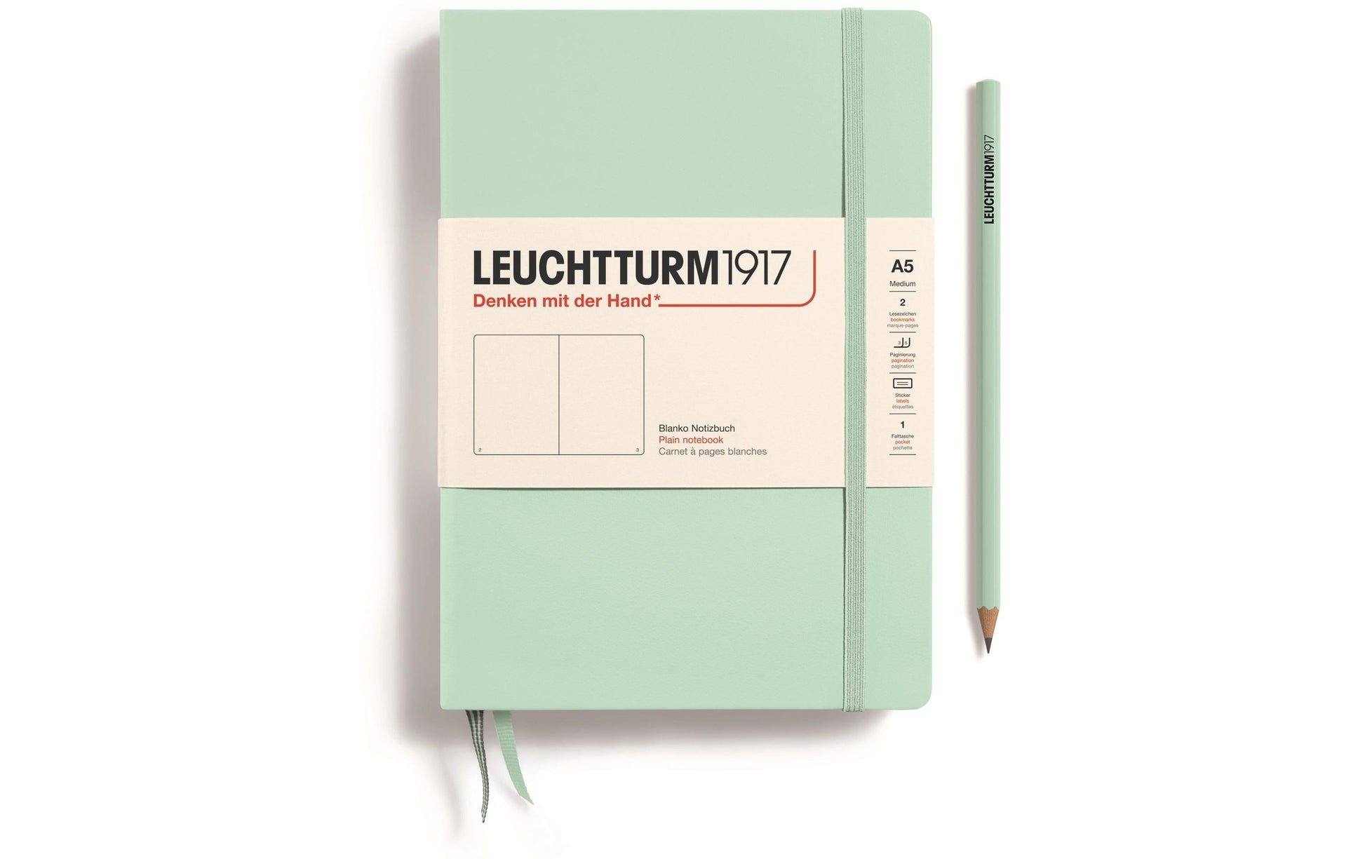 Leuchtturm Notizbuch – A5 – blanko – 251 Seiten – 80 g/m² – Hardcover, Gummiband, Einstecktasche, Mint, FSC
