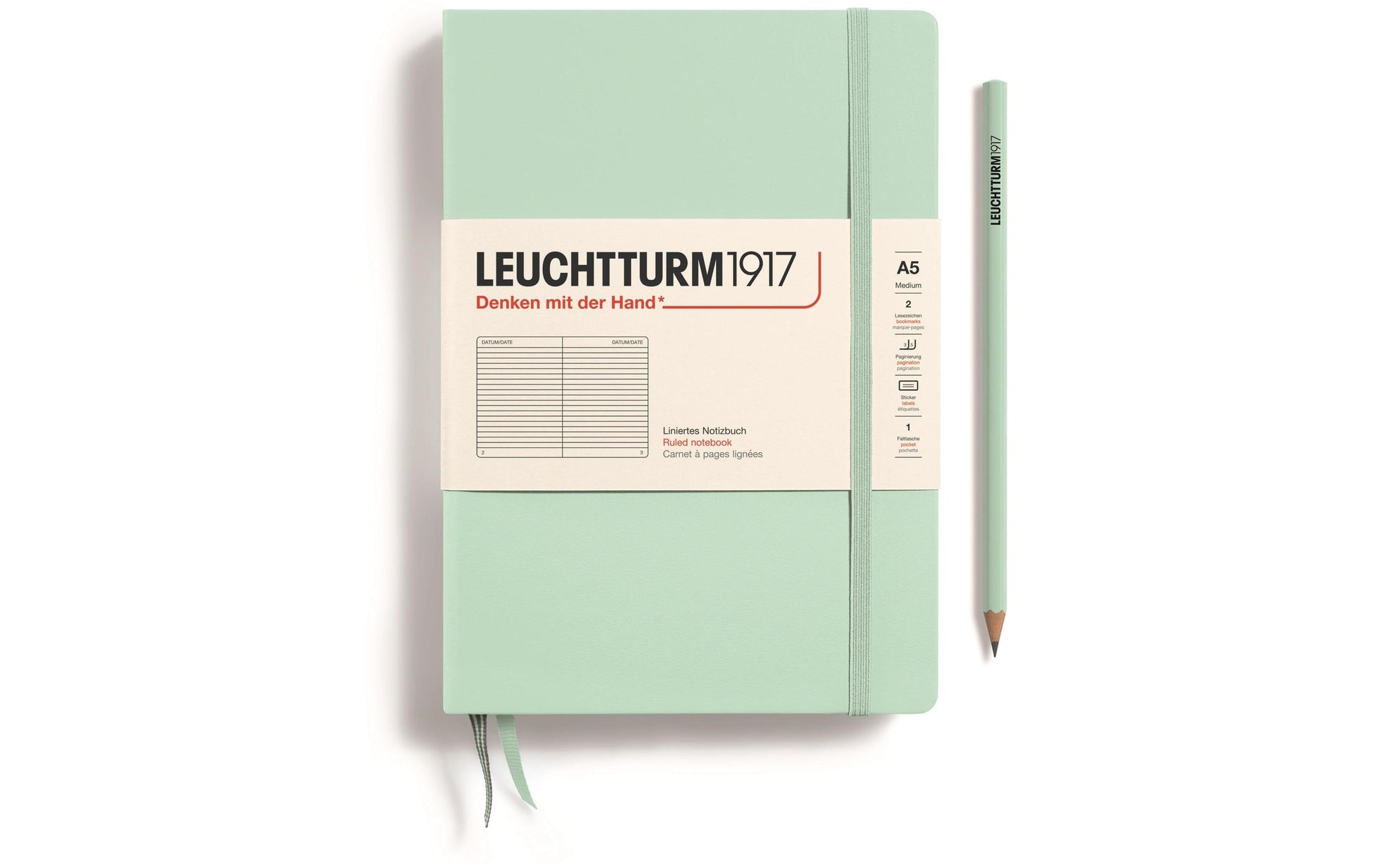 Leuchtturm Notizbuch – A5 – 251 Seiten – 80 g/m² – Hardcover, Gummiband, Einstecktasche, Mint, FSC
