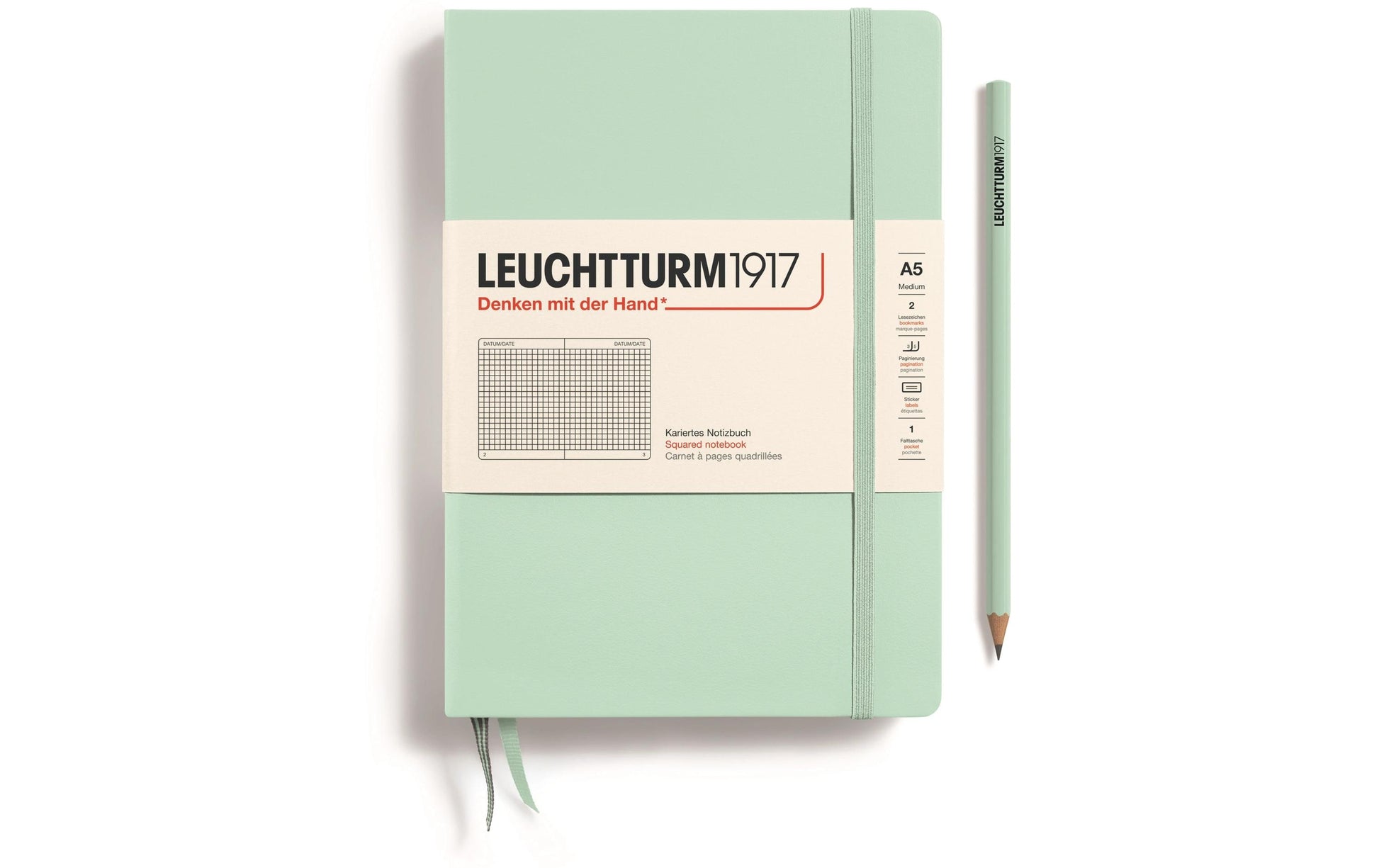 Leuchtturm Notizbuch – A5 – 251 Seiten – 80 g/m² – Hardcover, Gummiband, Einstecktasche – Mint – FSC