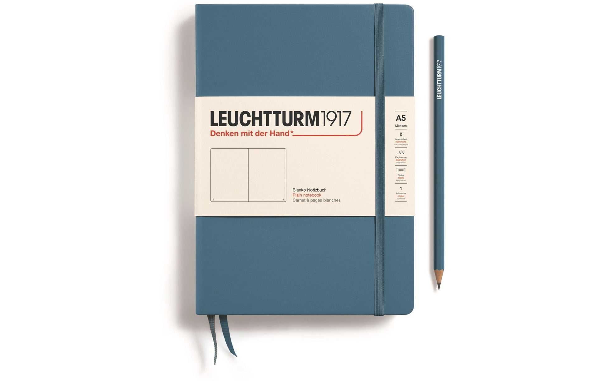 Leuchtturm Notizbuch – A5 – blanko – 251 Seiten – 80 g/m² – Hardcover, Gummiband, Tasche – Stone Blue, FSC