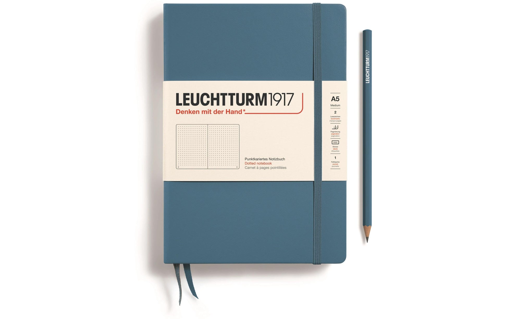 Leuchtturm Notizbuch – A5 – 251 Seiten – 80 g/m² – Hardcover, Gummiband, Einstecktasche, blau, FSC