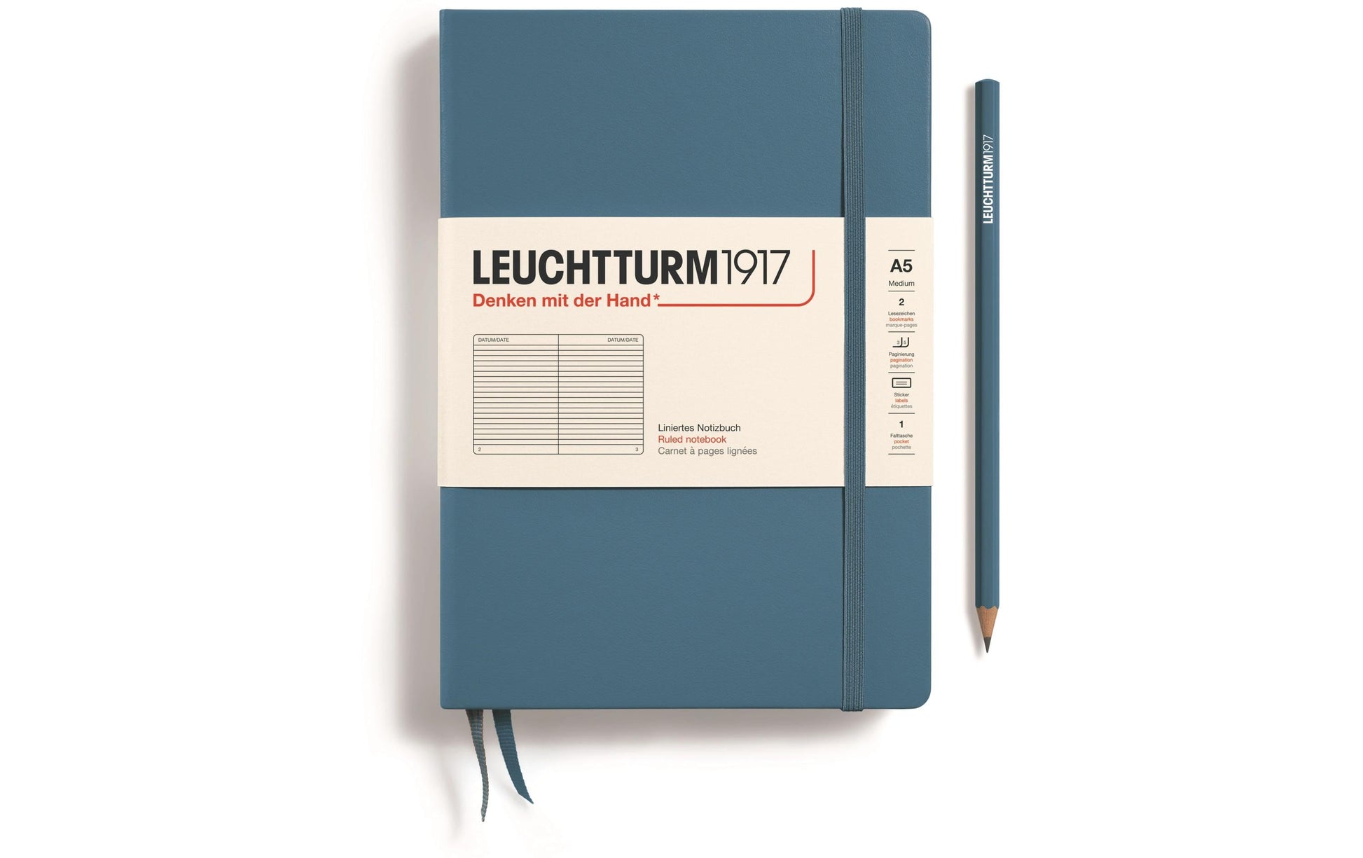 Leuchtturm Notizbuch – A5 – Liniert 5 mm – 251 Seiten – 80 g/m² – Hardcover, Gummiband, Tasche, Blau, FSC