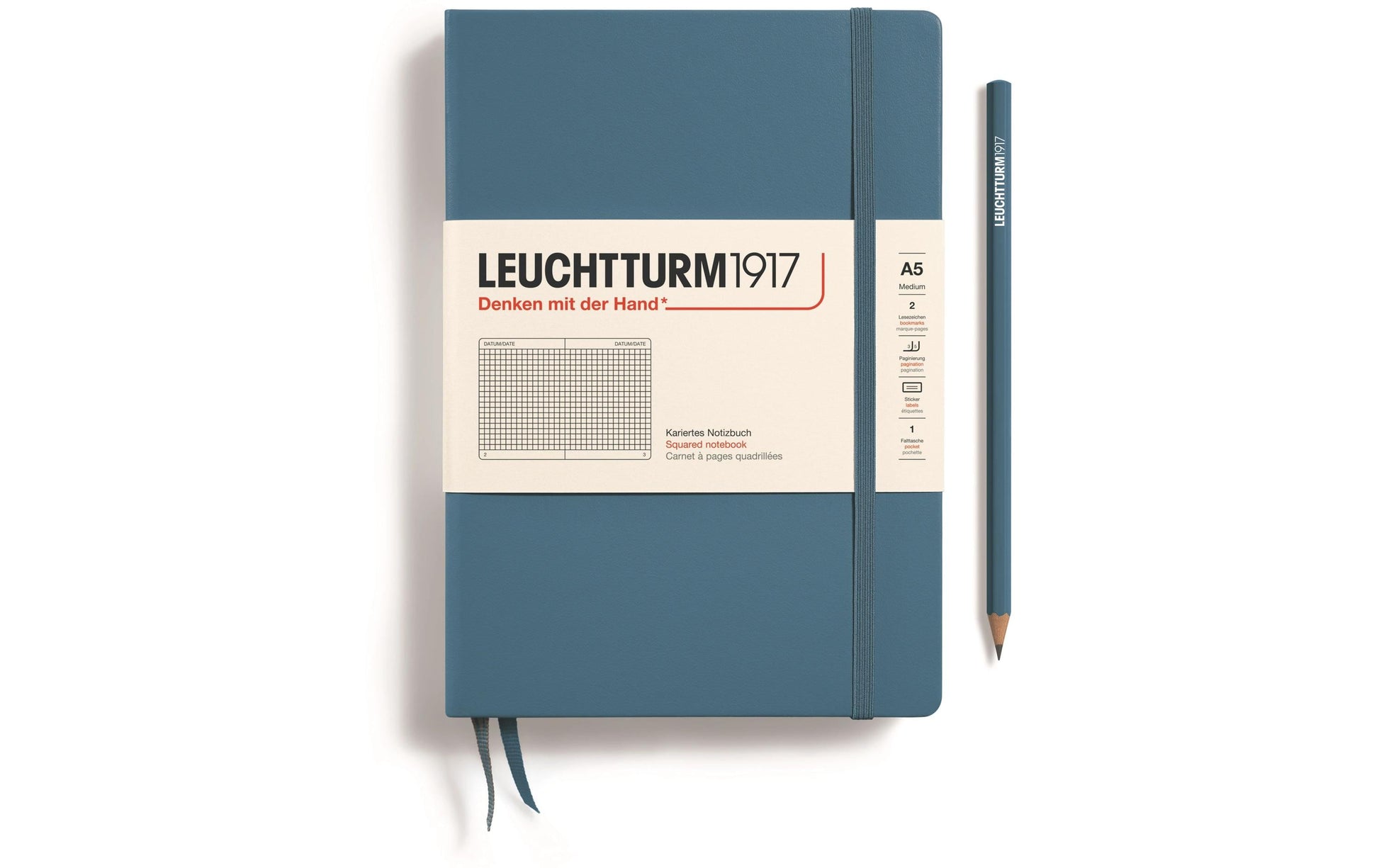 Leuchtturm Notizbuch – A5 – 251 Seiten – 80 g/m² – Hardcover, Gummiband, Einstecktasche, Blau, FSC