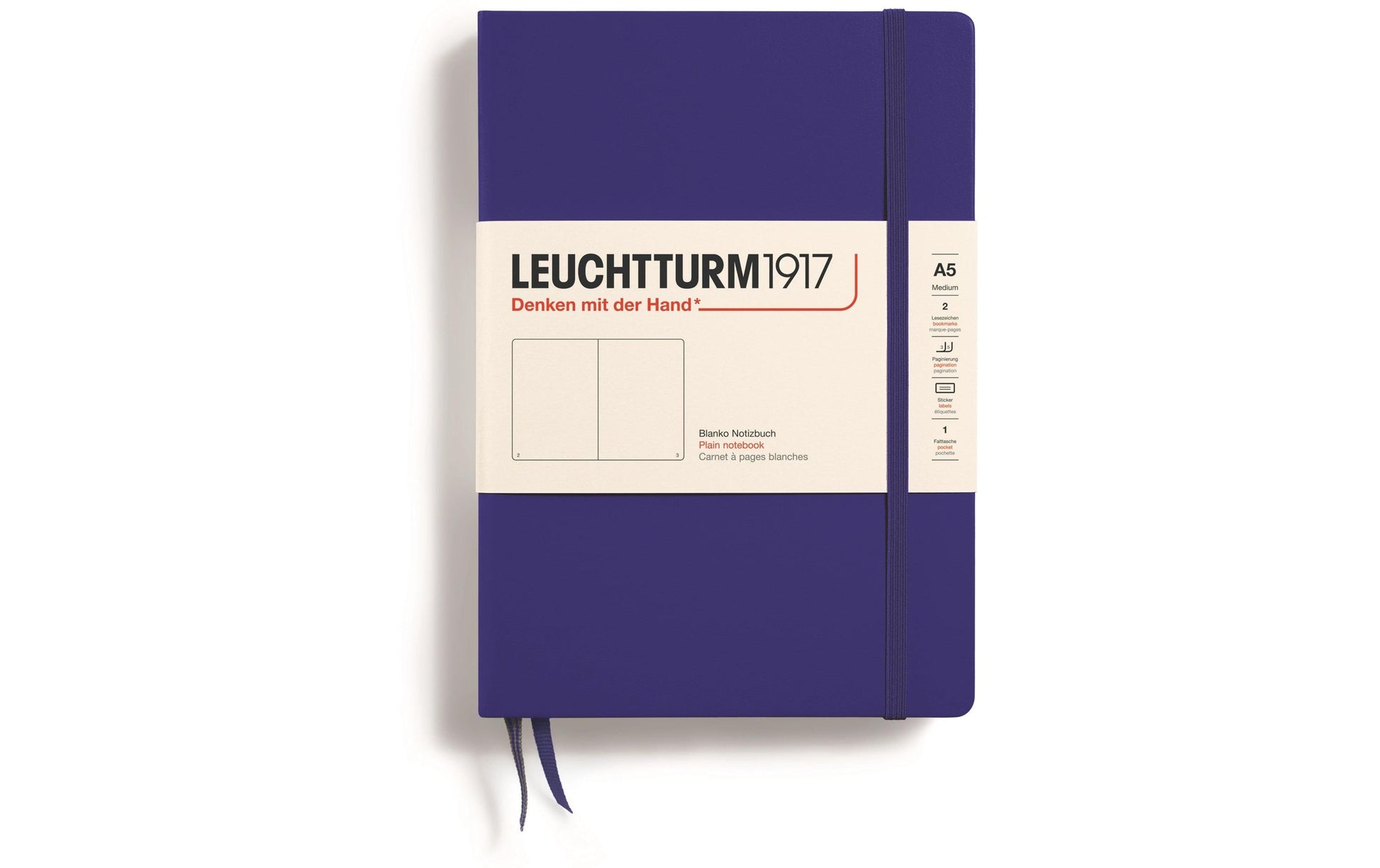 Leuchtturm Notizbuch – A5 – blanko – 251 Seiten – 80 g/m² – Hardcover, Gummiband, Tasche, dunkelblau, FSC