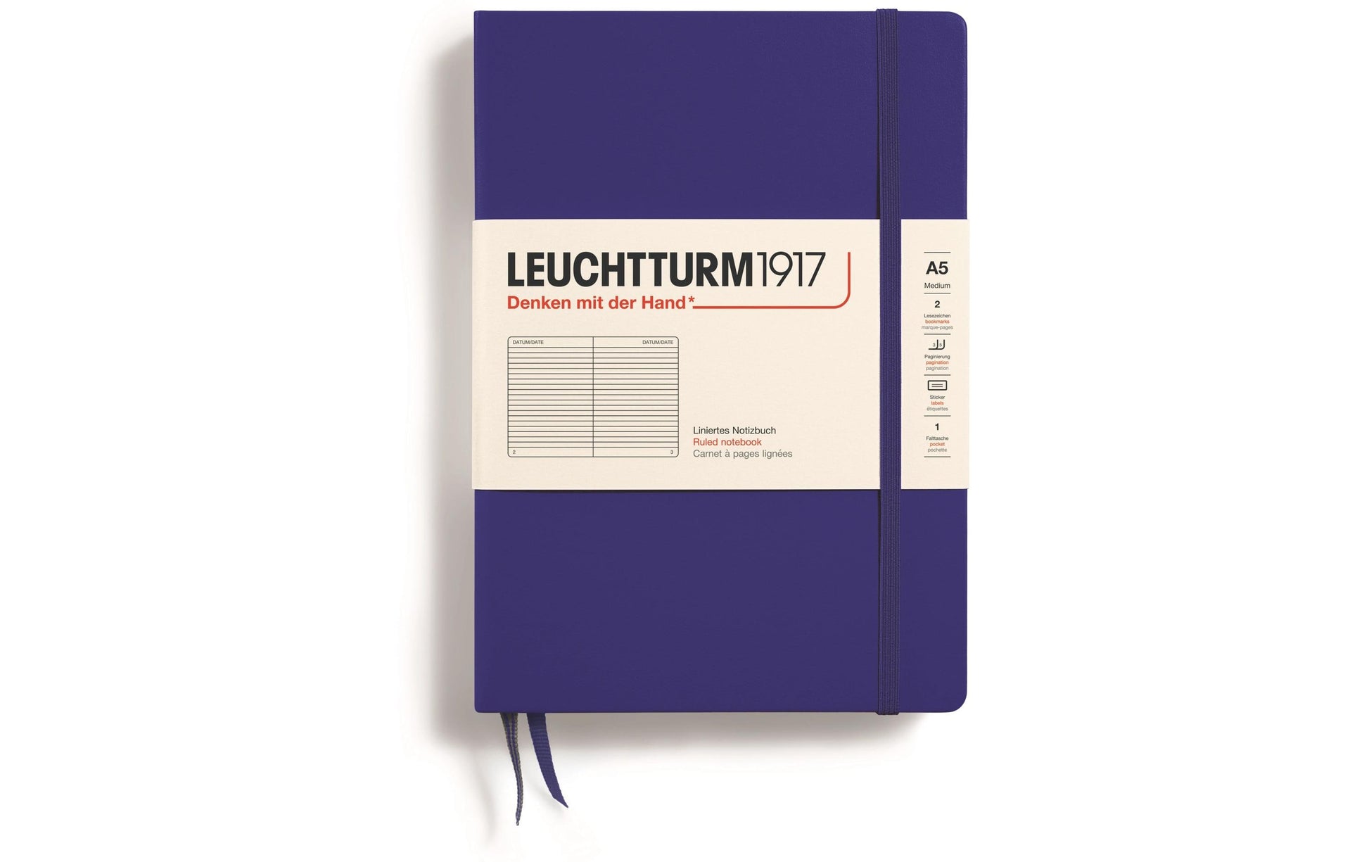 Leuchtturm Notizbuch – A5 – 251 Seiten – 80 g/m² – Hardcover, Gummiband, Einstecktasche, Dunkelblau, FSC