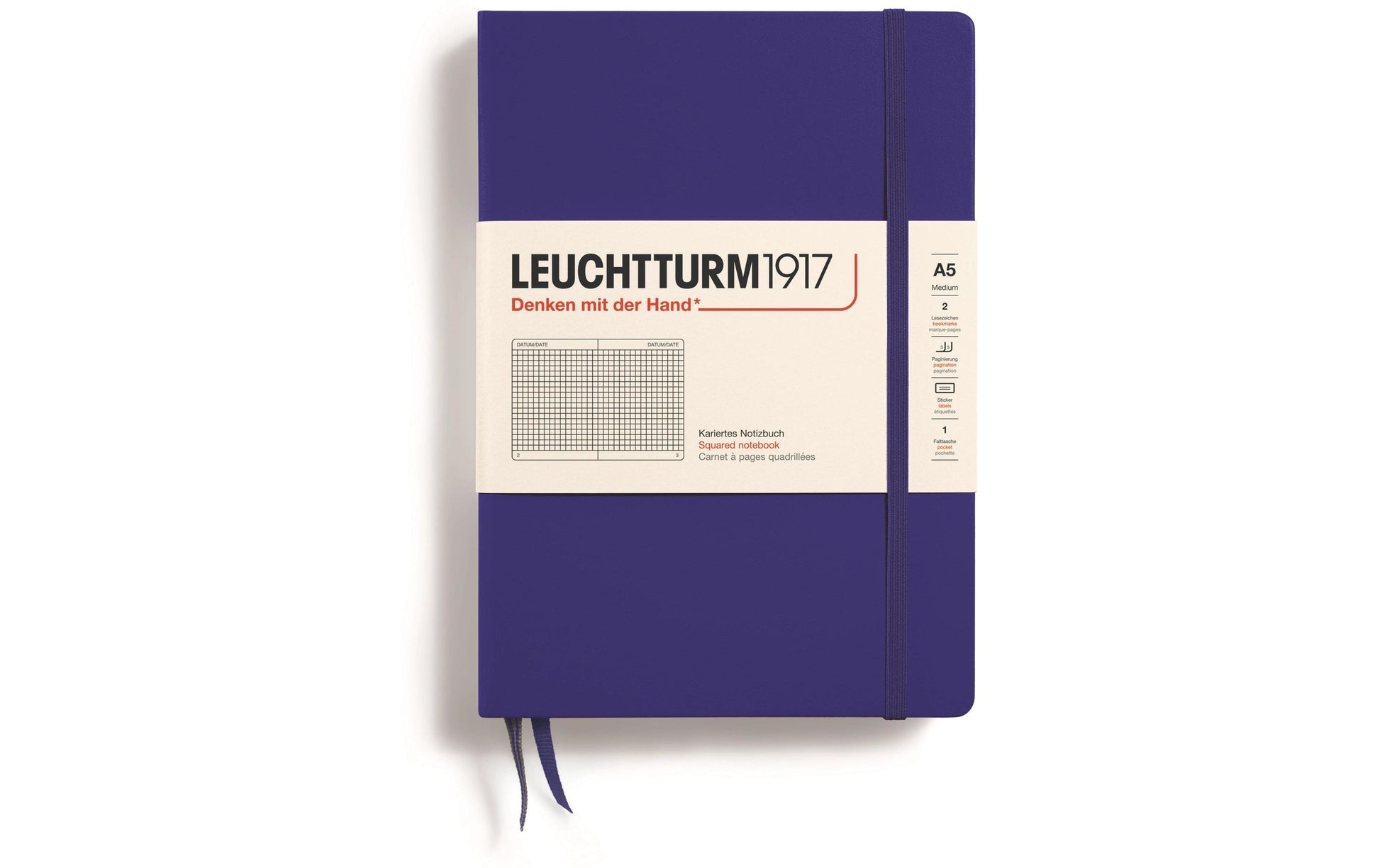 Leuchtturm Notizbuch – A5 – 251 Seiten – 80 g/m² – Hardcover, Gummiband, Einstecktasche, dunkelblau, FSC