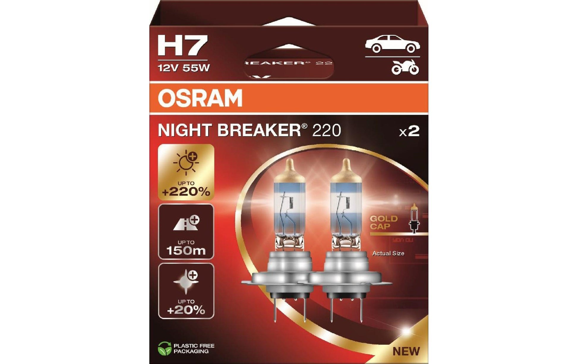 Osram Halogen-Leuchtmittel H7, PX26d, 59 mm – 55 W, 12 V – für Auto, Motorrad – Night Breaker 220 Duobox