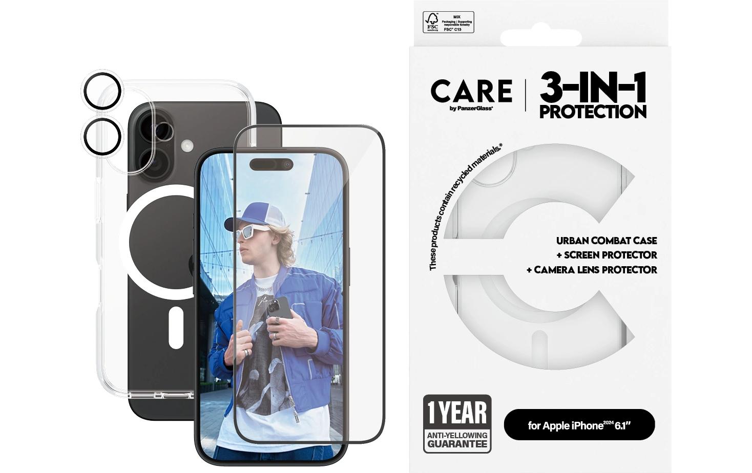 PanzerGlass Schutzfolie Flagship 3-in-1 – für Apple iPhone 16 – aus recyceltem Material, kratzfest
