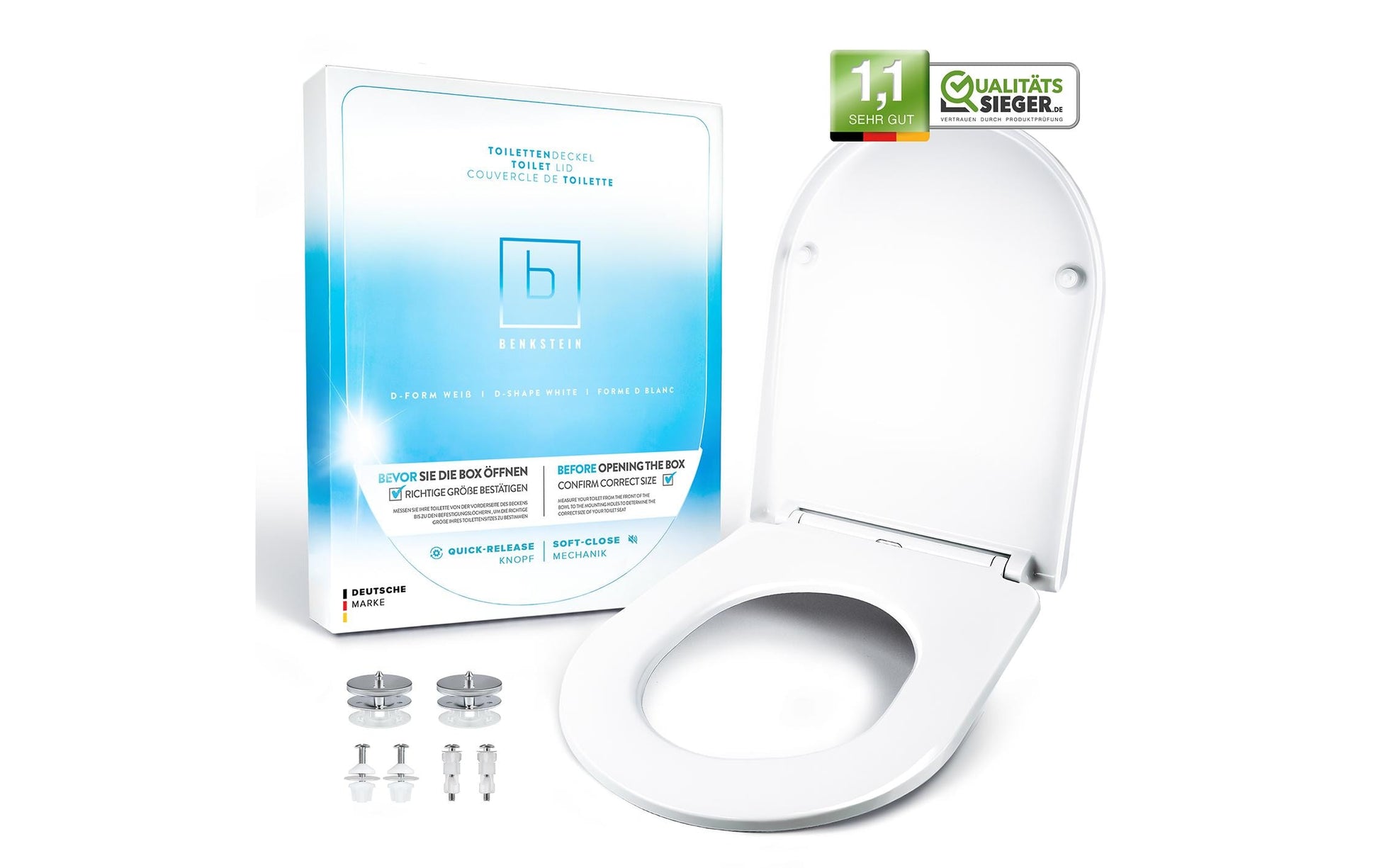 Benkstein D-Form – WC-Sitz – Kunststoff, Edelstahl, Weiss, 36 × 42,5 cm