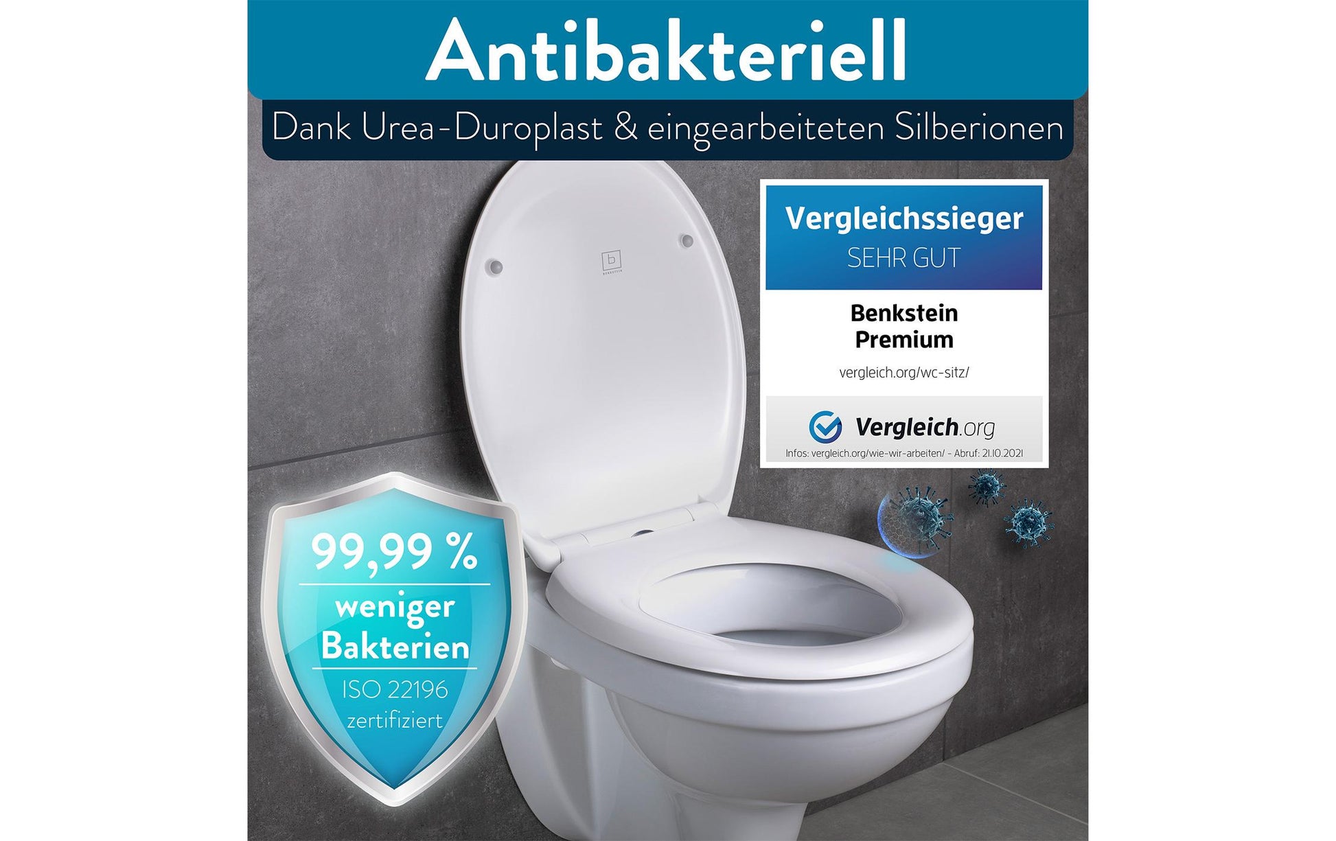 Benkstein Ovaler WC-Sitz – Kunststoff, Edelstahl, Weiss, 37,5 × 46,4 cm