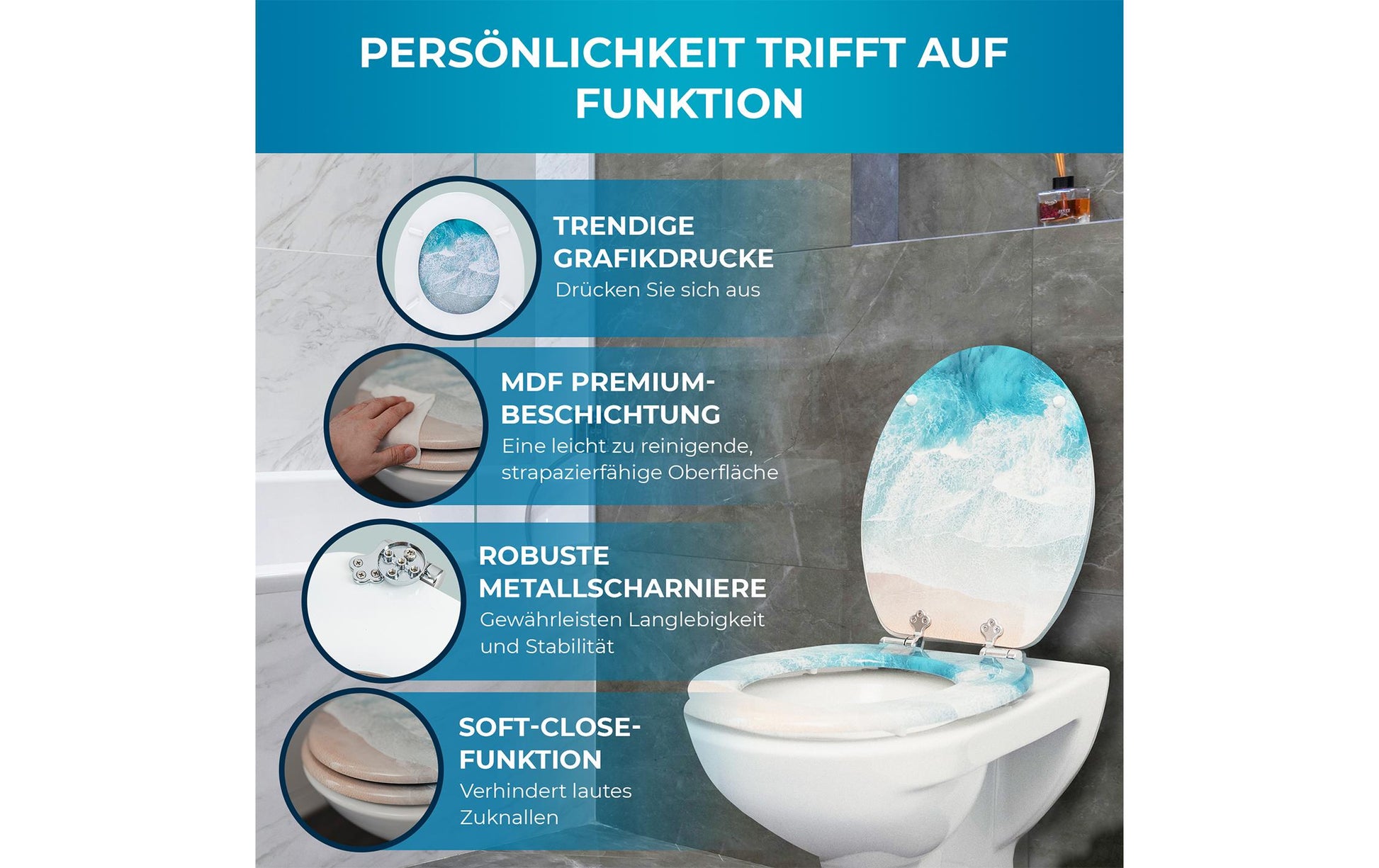 Benkstein WC-Sitz – MDF, türkis, 37,5 × 46,4 cm, für Scharnierbreite 130–185 mm
