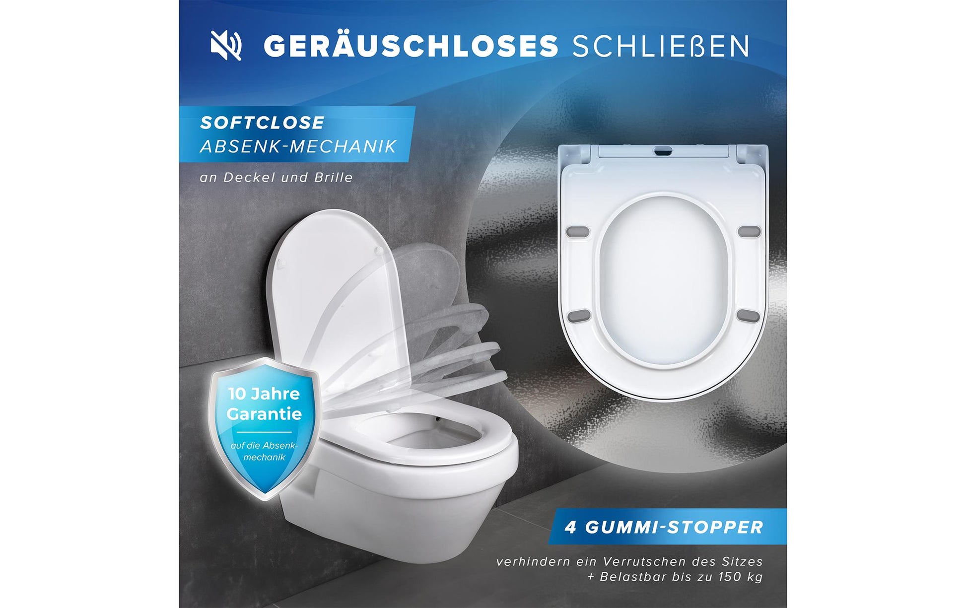 Benkstein D-Form – WC-Sitz – Kunststoff, Edelstahl, Weiss, 36 × 42,5 cm