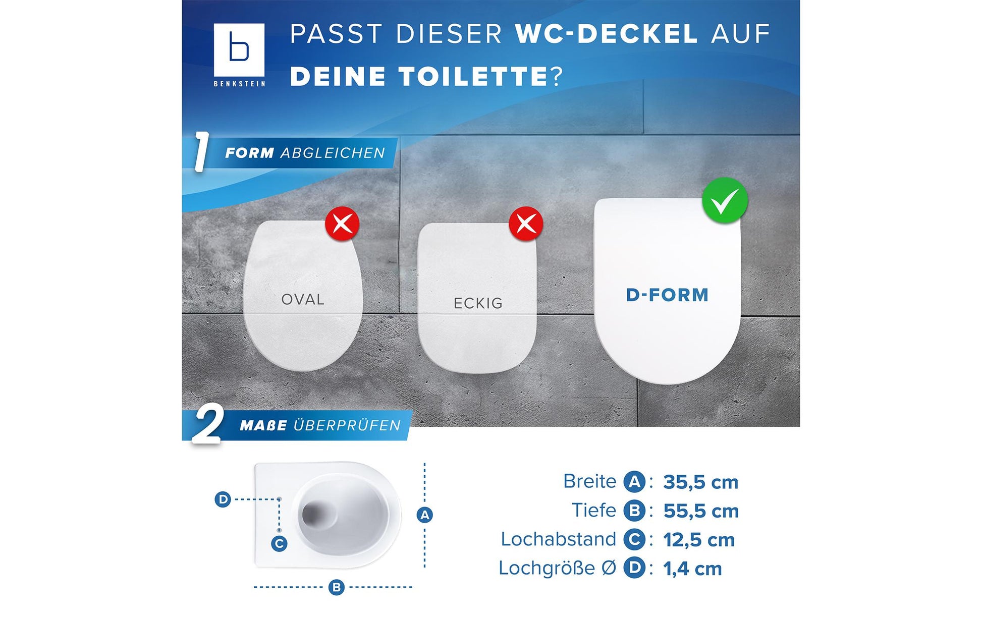 Benkstein D-Form – WC-Sitz – Kunststoff, Edelstahl, Weiss, 36 × 42,5 cm