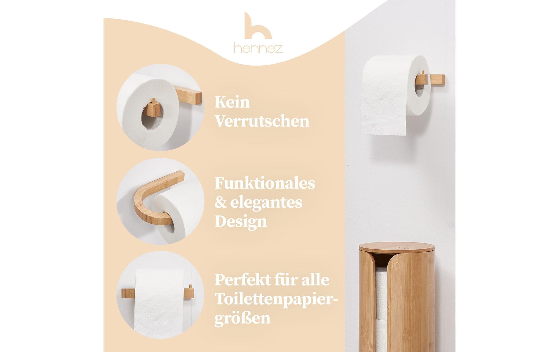 Hennez Evan – Toilettenpapierhalter – Bambus, Braun, Zum Bohren, 15 × 11 × 1,5 cm