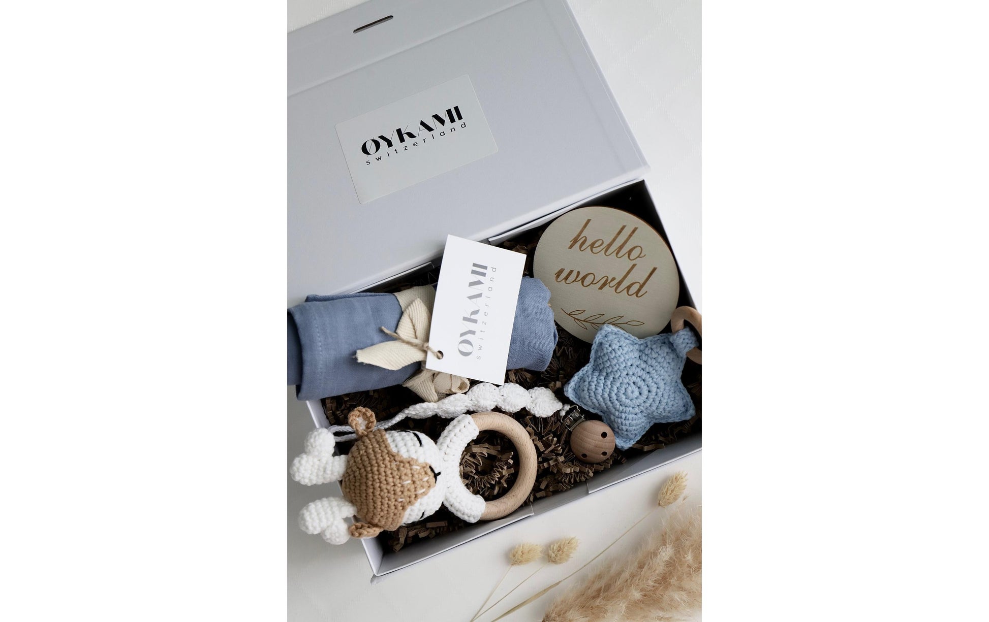 OYKAMI Geschenkbox – Organische Baumwolle, Holz – Blau, Weiss