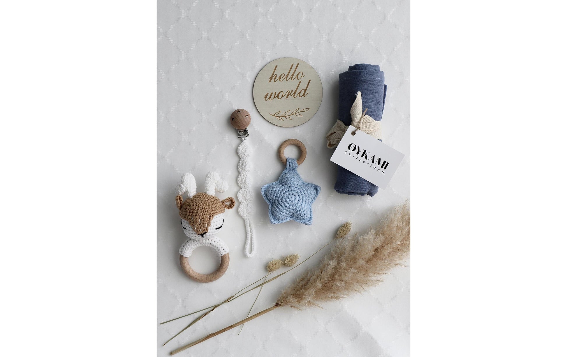 OYKAMI Geschenkbox – Organische Baumwolle, Holz – Blau, Weiss