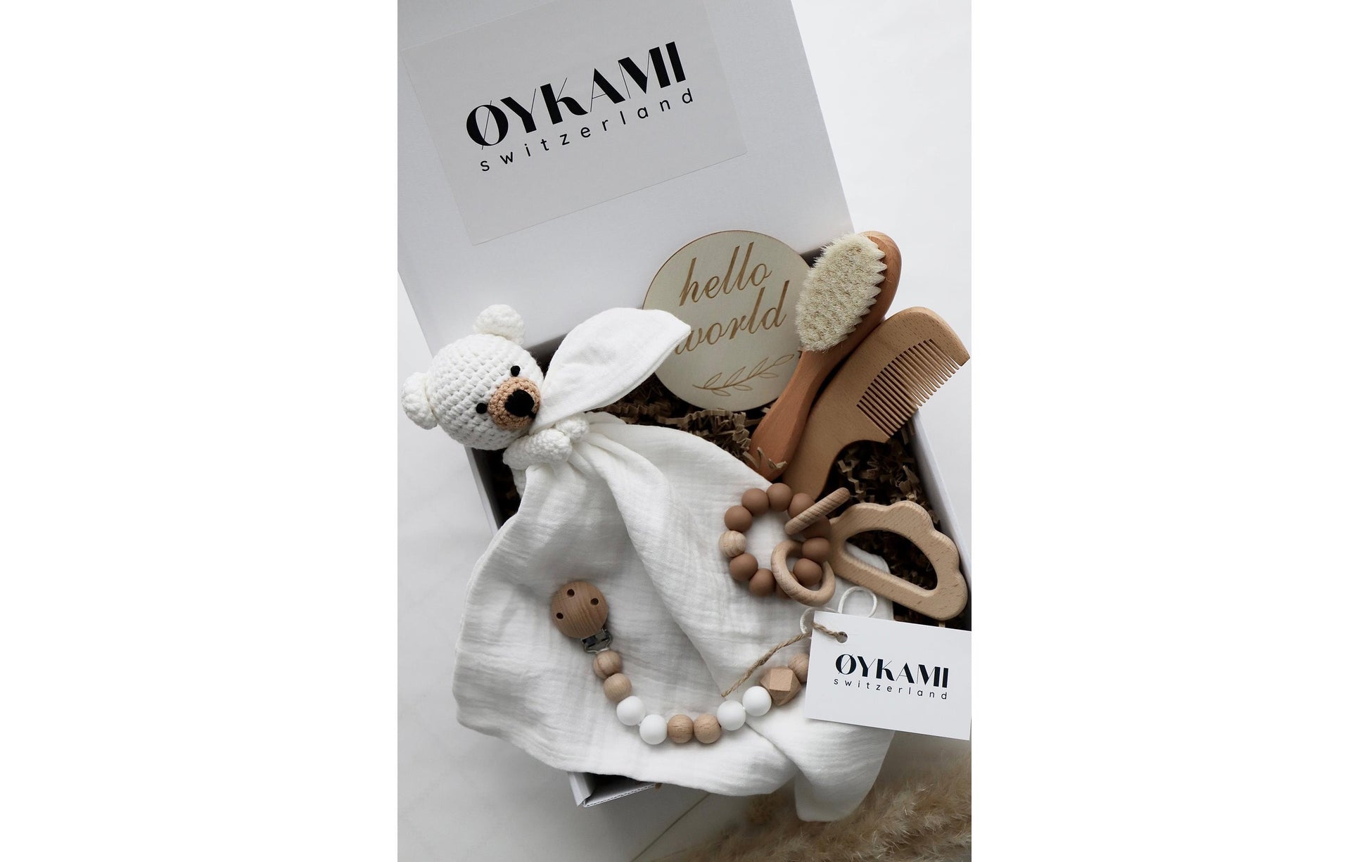 OYKAMI Geschenkbox – Braun, Weiss – Holz, Baumwolle – 185 × 185 × 70 mm