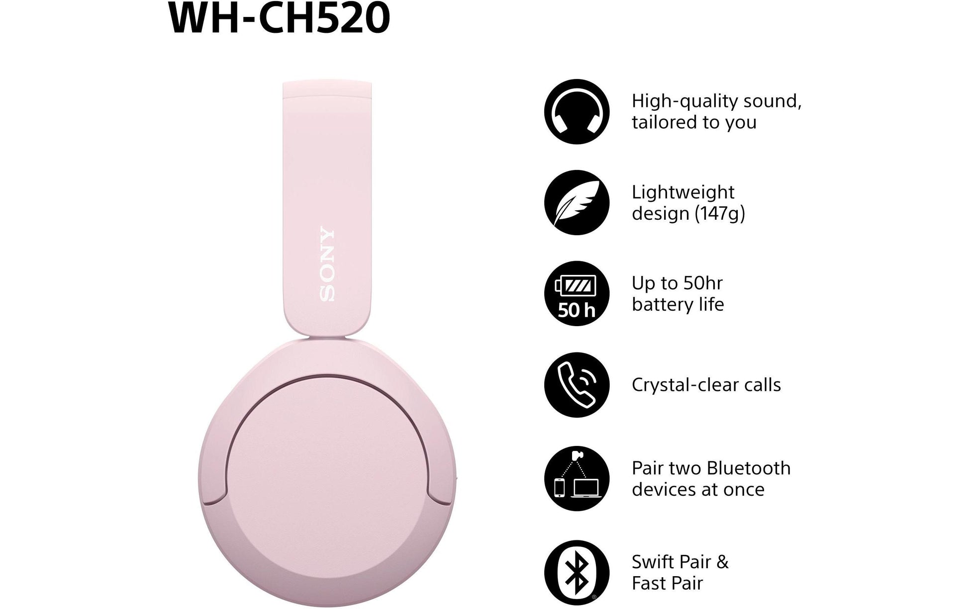Sony WH-CH520 – Duo Headset, On-Ear – Bluetooth – geschlossen, USB-C – Pink – für Google Assistant – bis 40 h