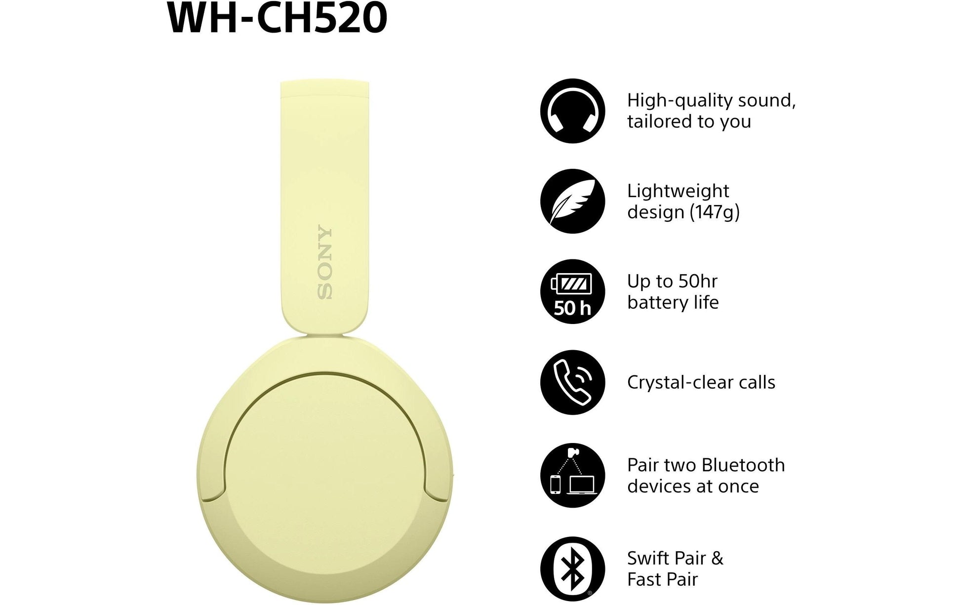 Sony WH-CH520 – Duo Headset – Bluetooth – Gelb – bis 50 h