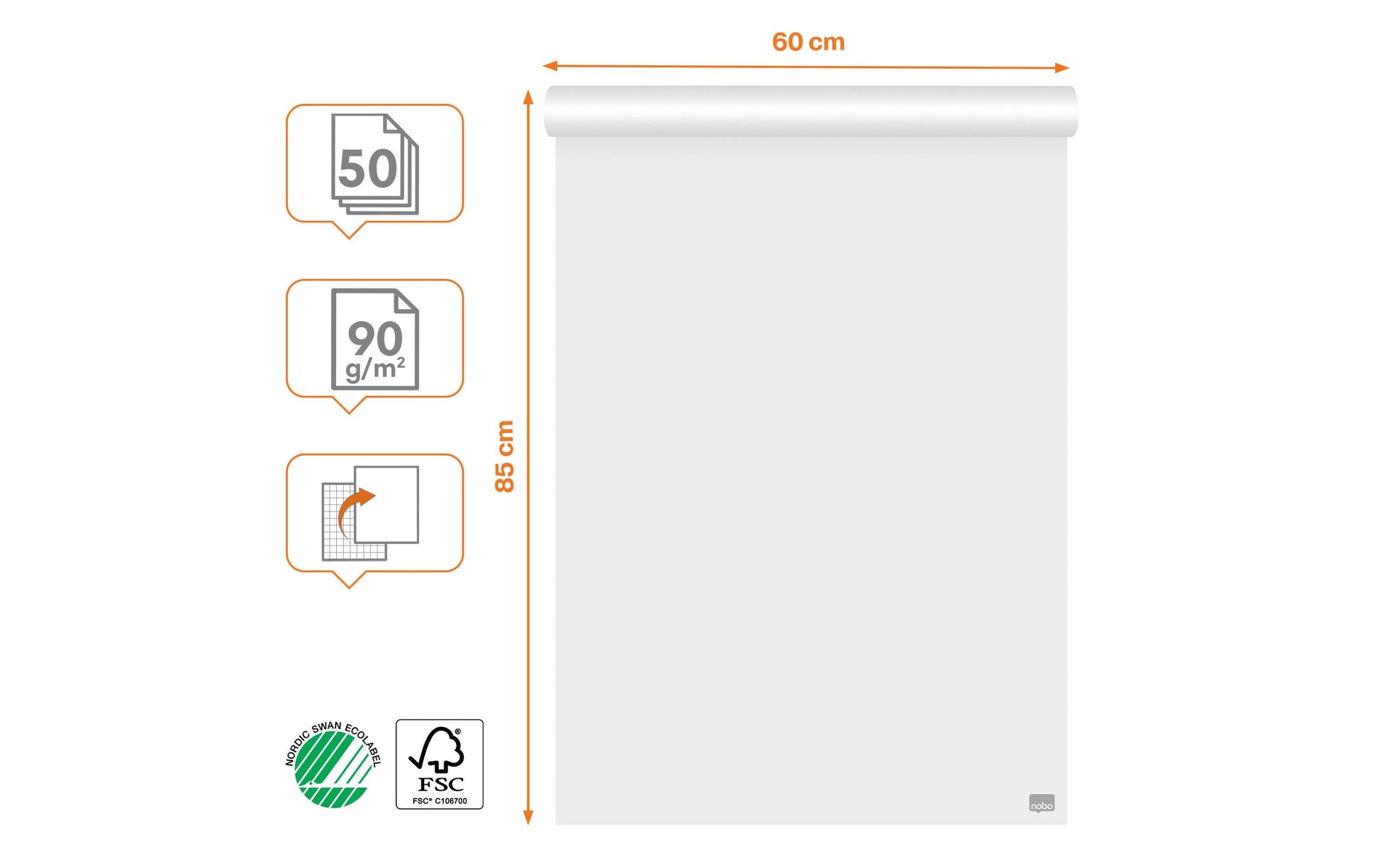 Nobo Flipchart-Block – 60 × 90 cm, 50 Blatt/Block, kariert, weiss, Papier