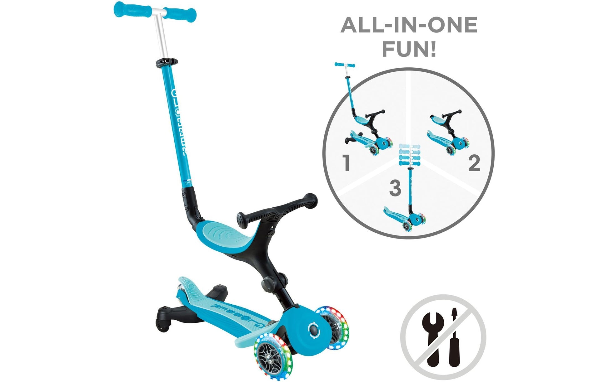 Globber GO UP Dreiradroller – 4 Räder, höhenverstellbar, faltbar – belastbar 20 kg – ab 1 Jahr – Aqua