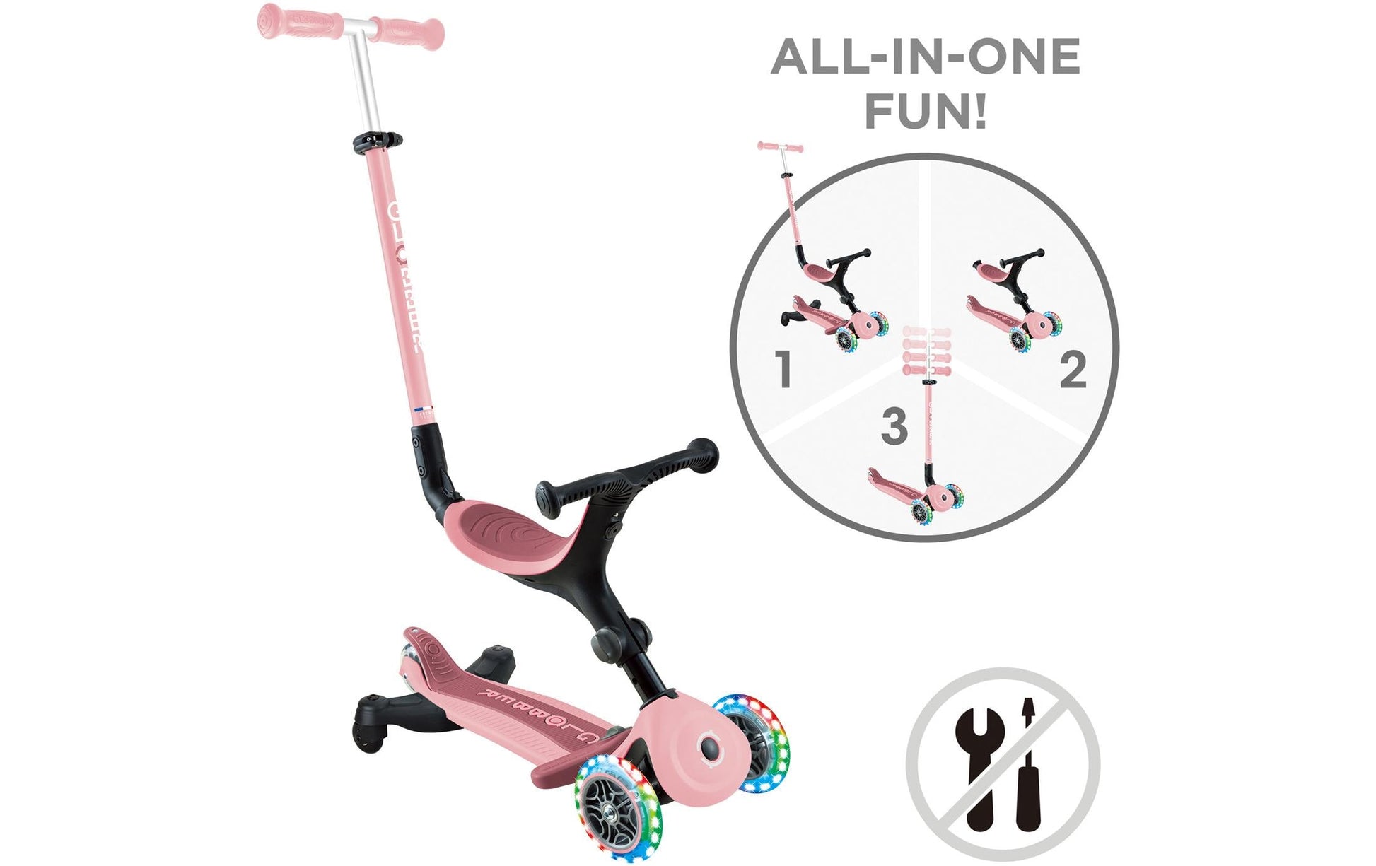 Globber GO UP Dreirad – Belastbarkeit 20 kg, Fussbremse, höhenverstellbarer Lenker/Sitz – ab 1 Jahr – Hellrosa