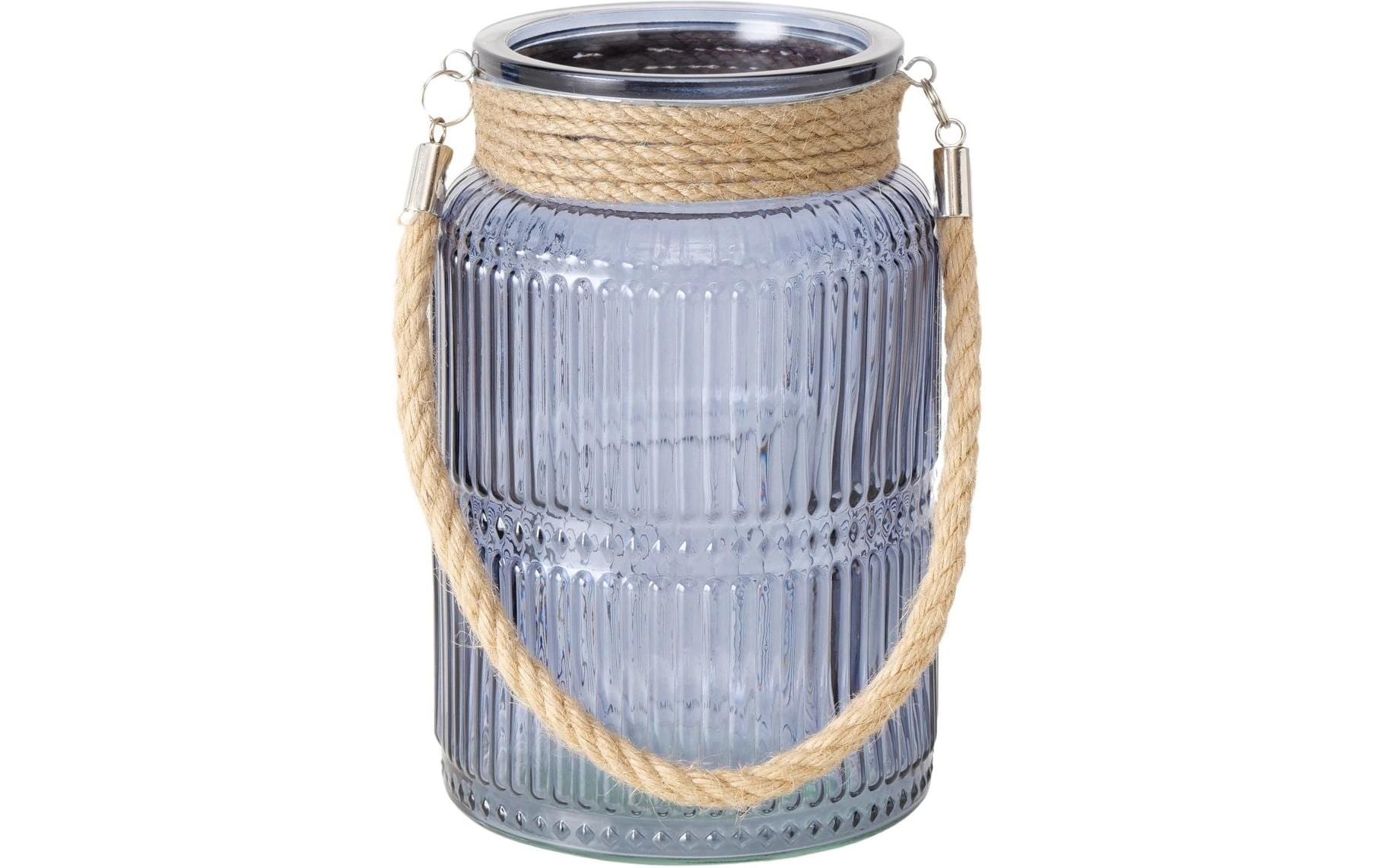 Boltze Windlicht – Glas & Jute & Textil, blau – Ø 13,5 × 21 cm