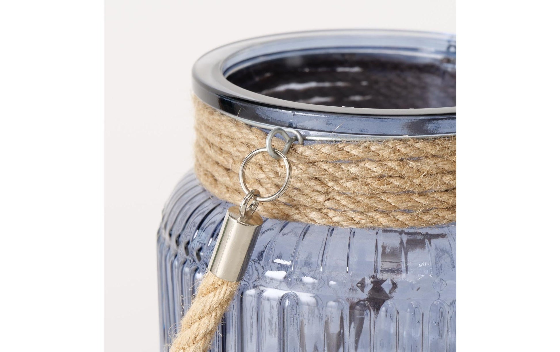 Boltze Windlicht – Glas & Jute & Textil, blau – Ø 13,5 × 21 cm