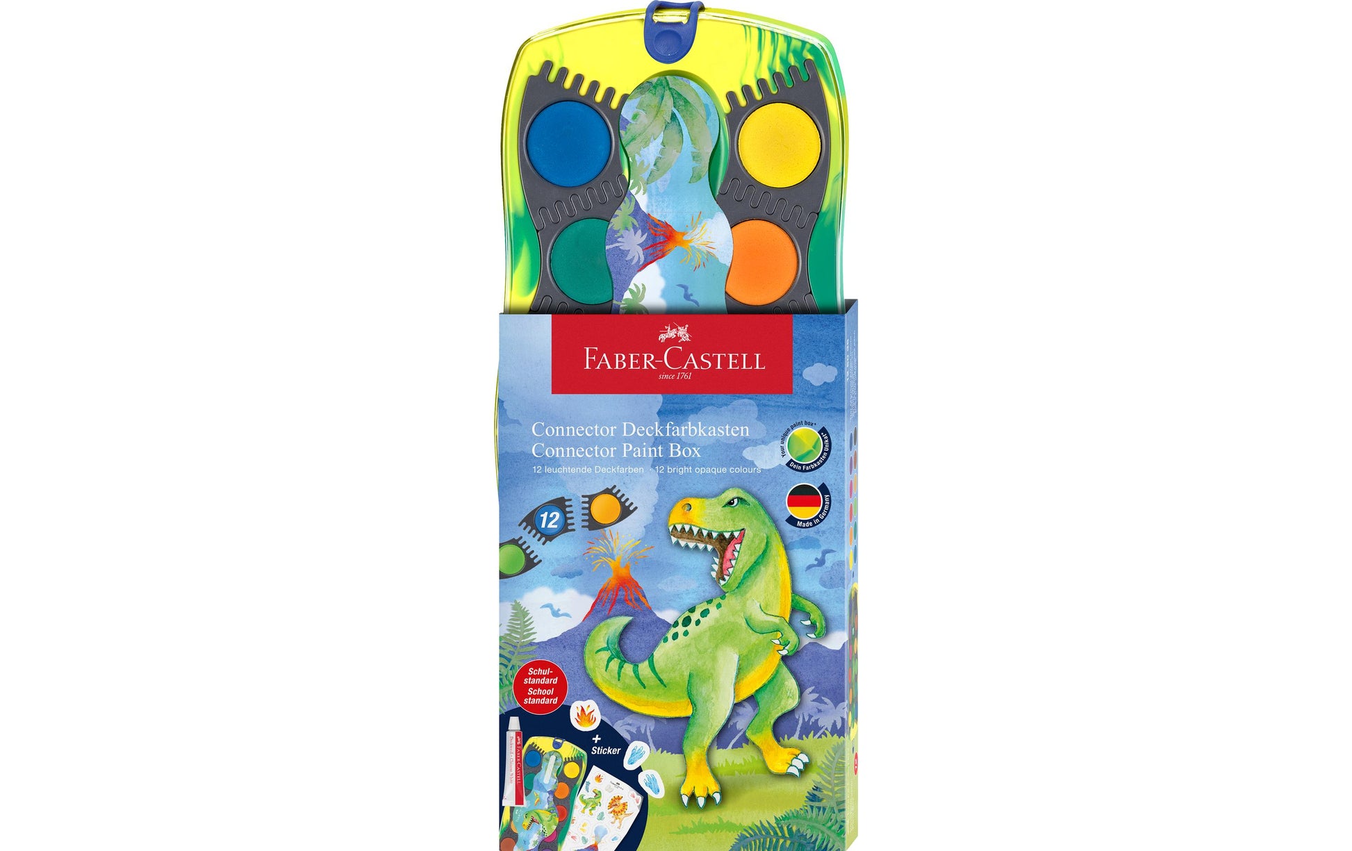 Faber-Castell Connector Dino Deckfarbkasten – Mehrfarbig – 12 Farben – inkl. Tube Deckweiss