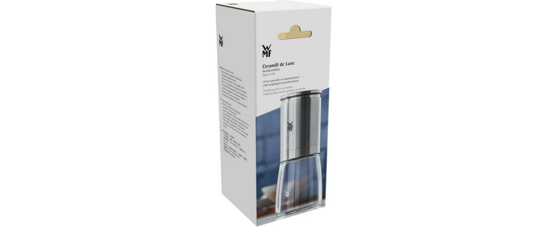 WMF Gewürzmühle De Luxe – einstellbarer Mahlgrad, Keramikmahlwerk – Edelstahl & Glas, Silber – 14 cm