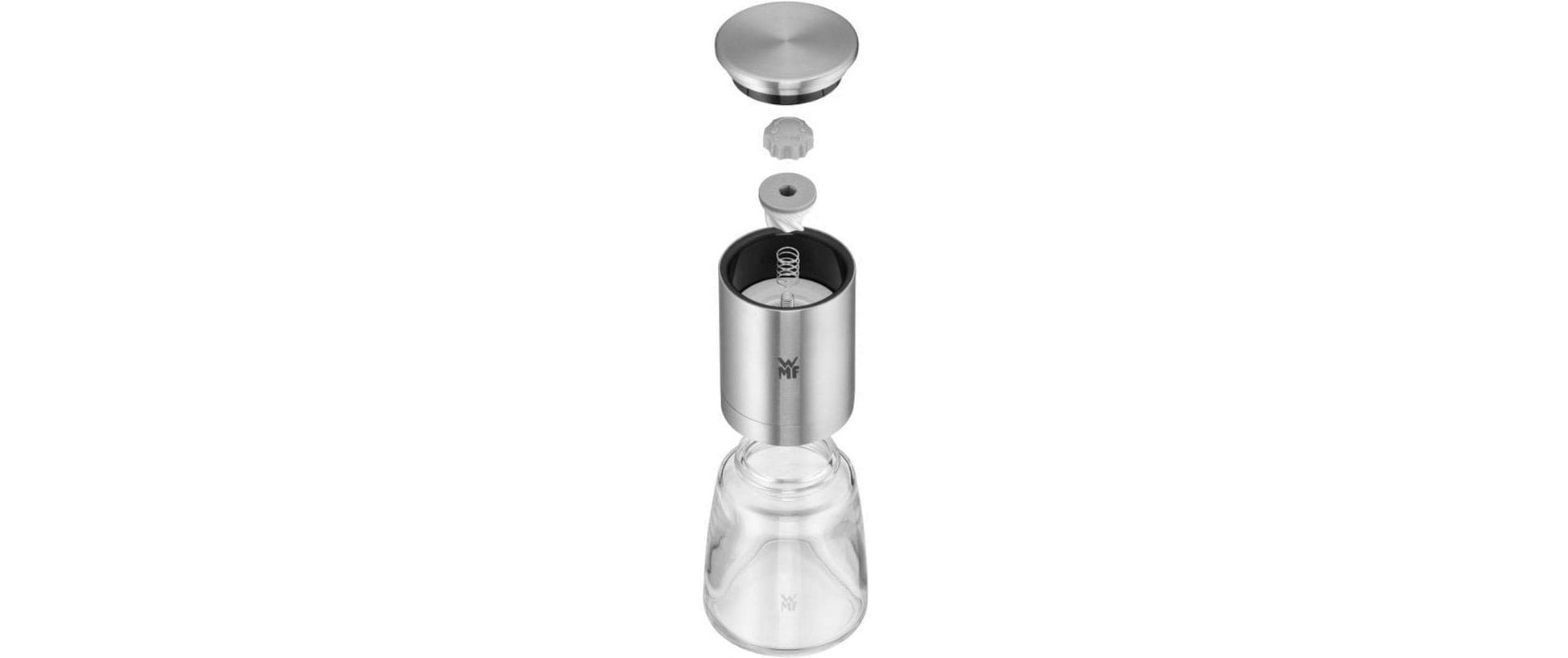 WMF Gewürzmühle De Luxe – einstellbarer Mahlgrad, Keramikmahlwerk – Edelstahl & Glas, Silber – 14 cm