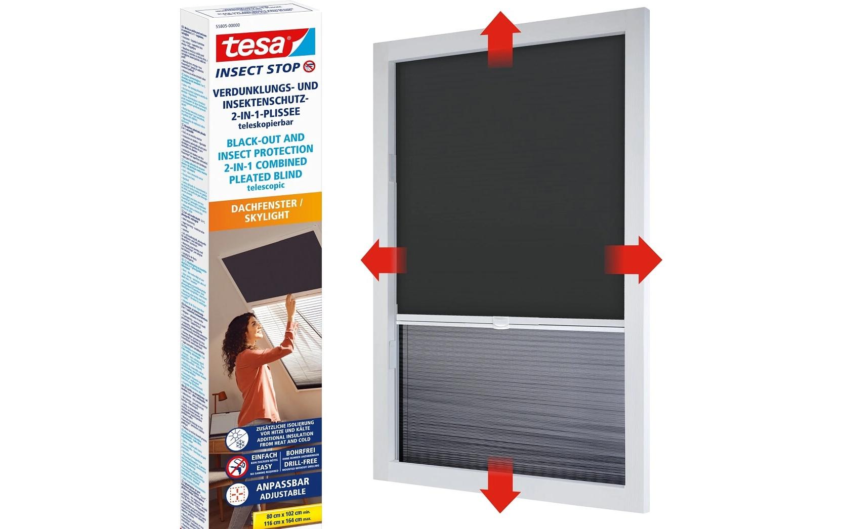 TESA Insect Stop 2-in-1-Plissee Fenster-Fliegengitter – 164 × 116 cm – schwarz – für Fluginsekten