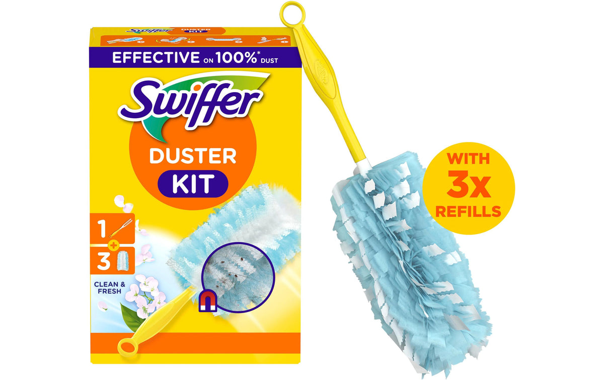 Swiffer Staubwedel Staubmagnet – Starter-Set, Febreze-Duft, 1 Handgriff + 3 Tücher