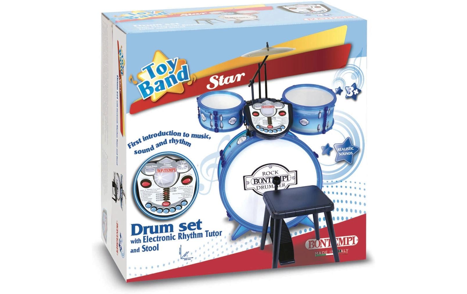 Bontempi Schlagzeug-Set – 50 × 68 × 50 cm – 4 Modi, 14 Lieder, 3 × AA – ab 3 J. – Kunststoff, blau