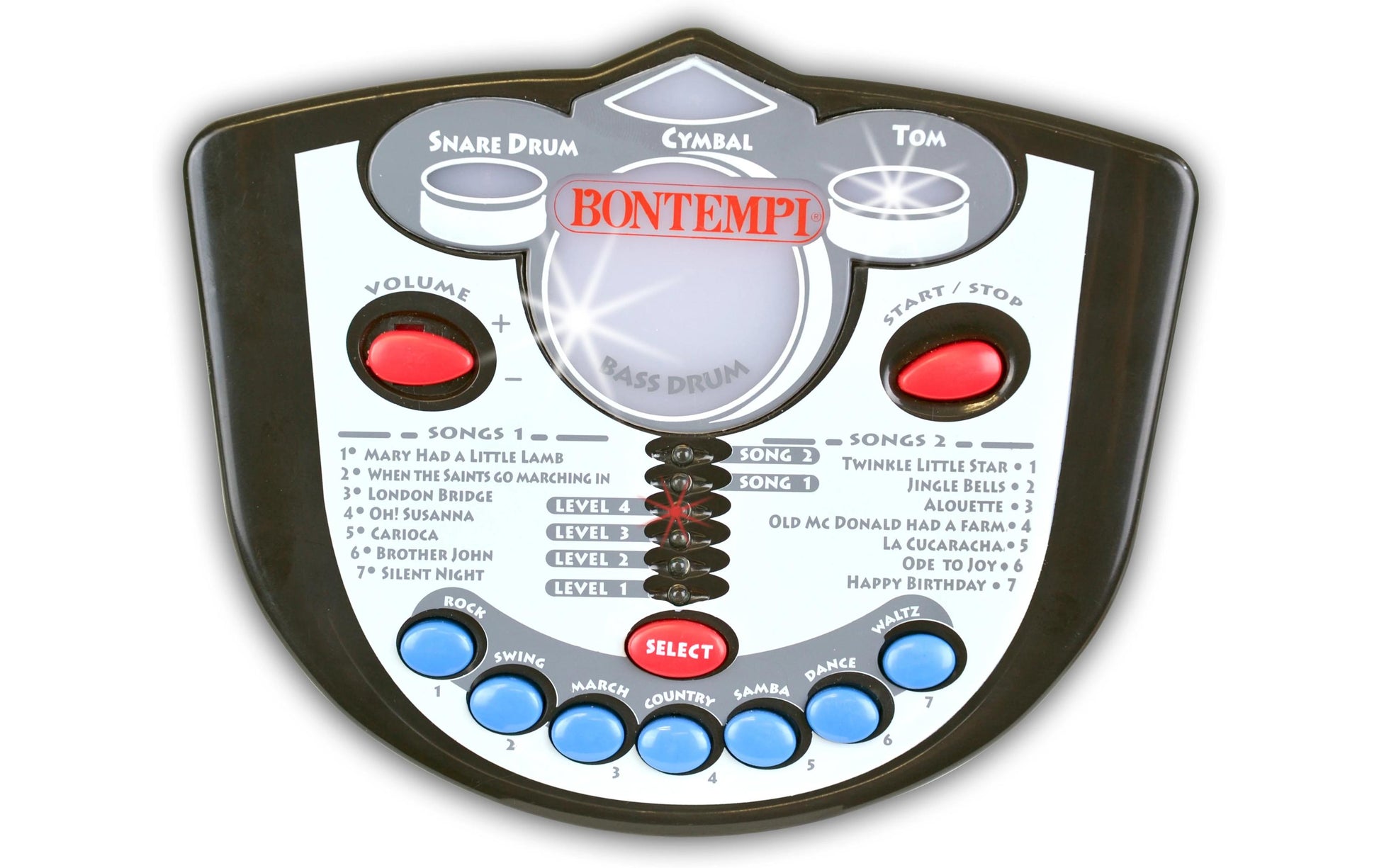 Bontempi Schlagzeug-Set – 50 × 68 × 50 cm – 4 Modi, 14 Lieder, 3 × AA – ab 3 J. – Kunststoff, blau