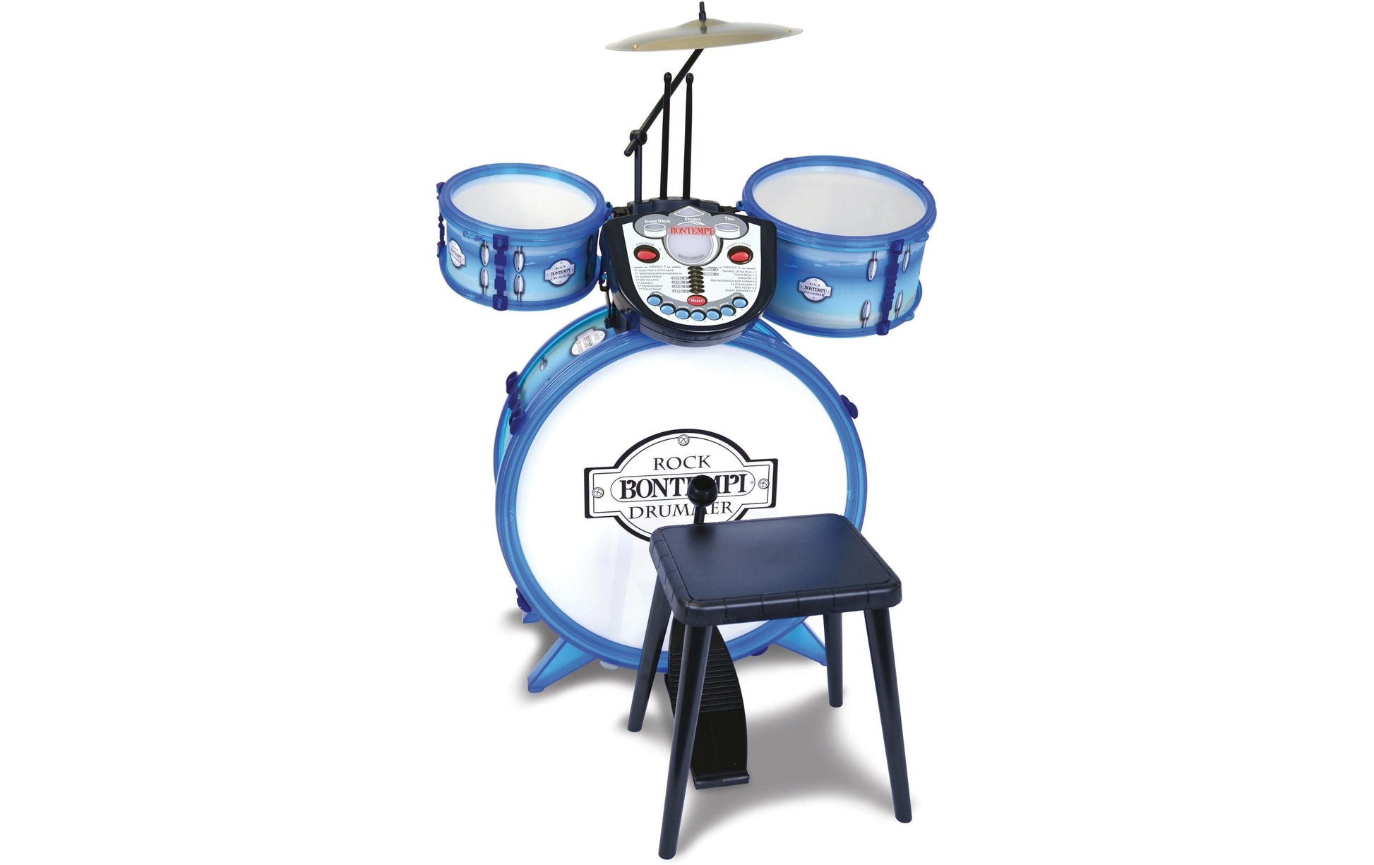 Bontempi Schlagzeug-Set – 50 × 68 × 50 cm – 4 Modi, 14 Lieder, 3 × AA – ab 3 J. – Kunststoff, blau